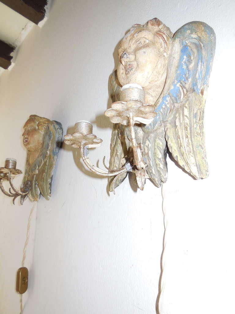 Mid-20th Century Italian Hand Carved and Painted Cherub Angel Wood Polychrome Sconces For Sale