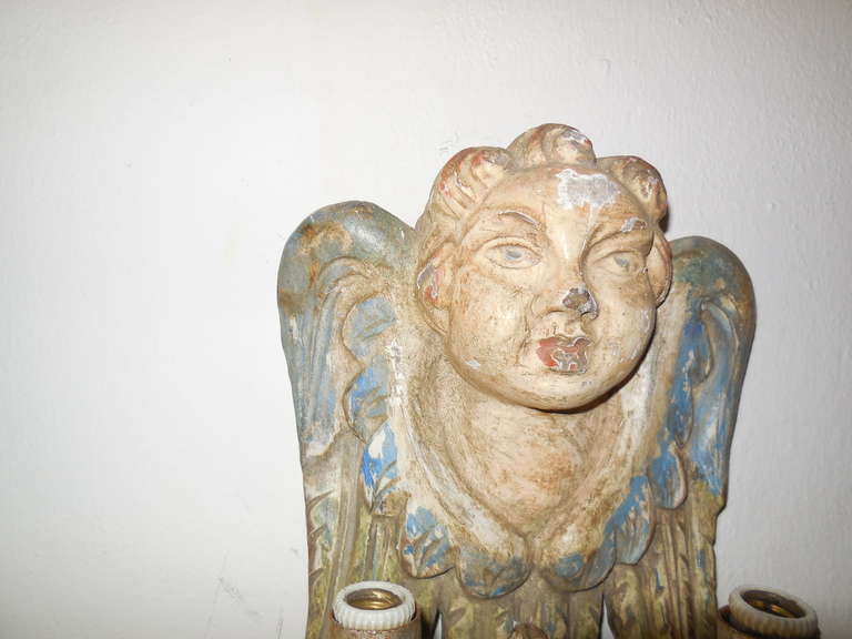 Italian Hand Carved and Painted Cherub Angel Wood Polychrome Sconces For Sale 1