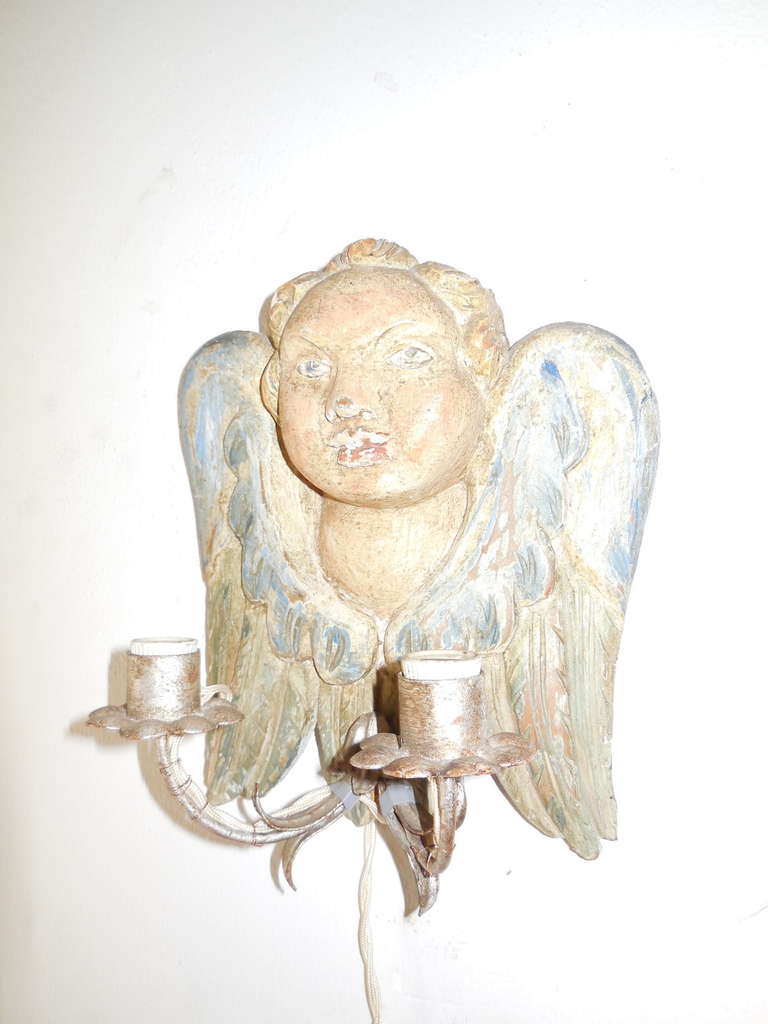 Italian Hand Carved and Painted Cherub Angel Wood Polychrome Sconces For Sale 2