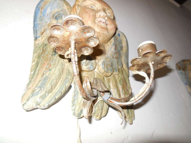 Italian Hand Carved and Painted Cherub Angel Wood Polychrome Sconces For Sale 3
