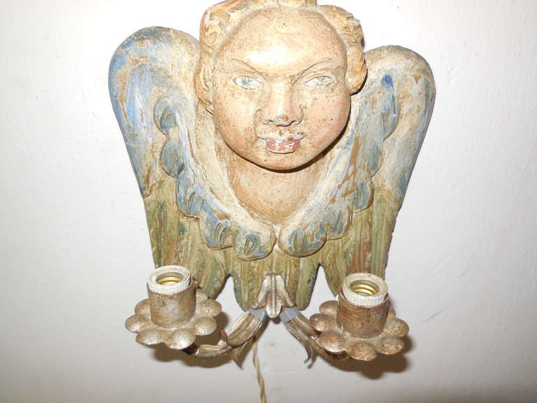 Italian Hand Carved and Painted Cherub Angel Wood Polychrome Sconces For Sale 4
