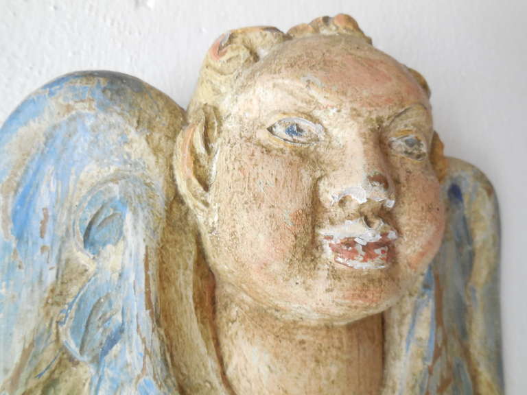 Italian Hand Carved and Painted Cherub Angel Wood Polychrome Sconces For Sale 5