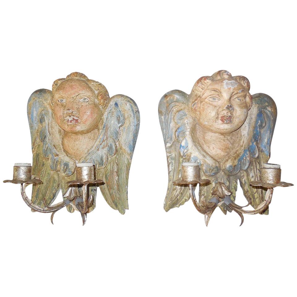 Italian Hand Carved and Painted Cherub Angel Wood Polychrome Sconces