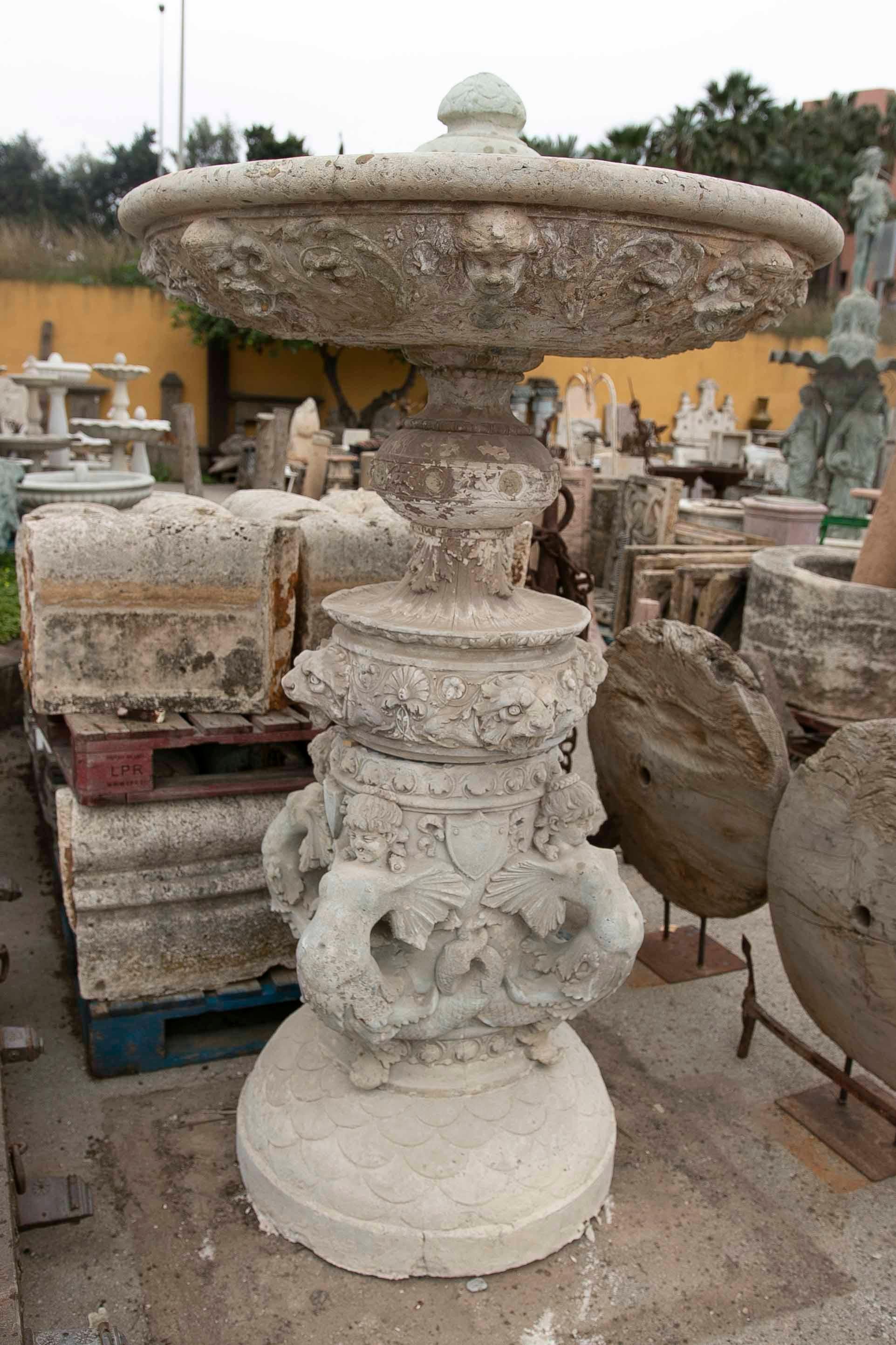 Italian Hand-Carved and Profusely Decorated Stone Centrepiece Fountain  For Sale 3