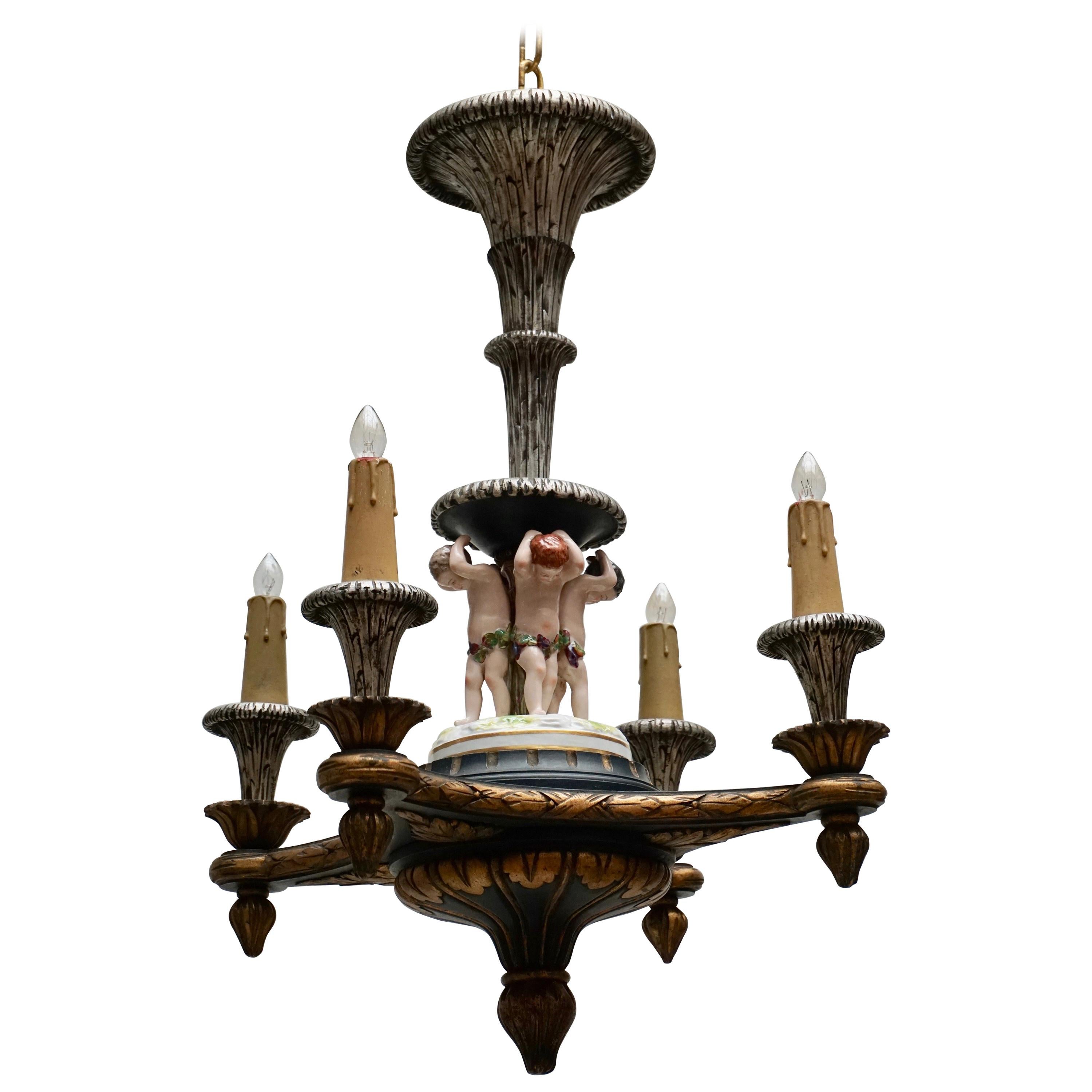 Italian Hand-Carved Chandelier with Porcelain Putti