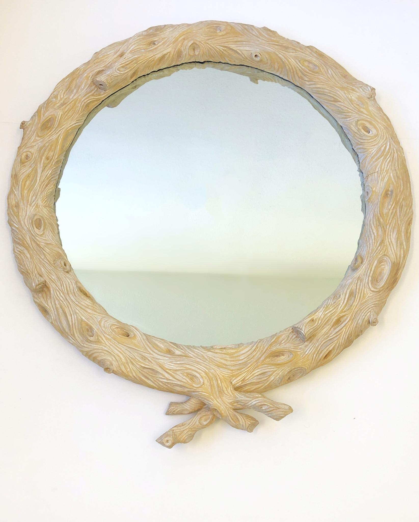 1970s Italian hand carved wood with a white washed finish, faux Bois frame mirror in the manner of Bartolozzi e Mailoli. In original condition minor wear consistent with age. 
Measurements: 5.5” deep, 48” wide and 54” high with crown.