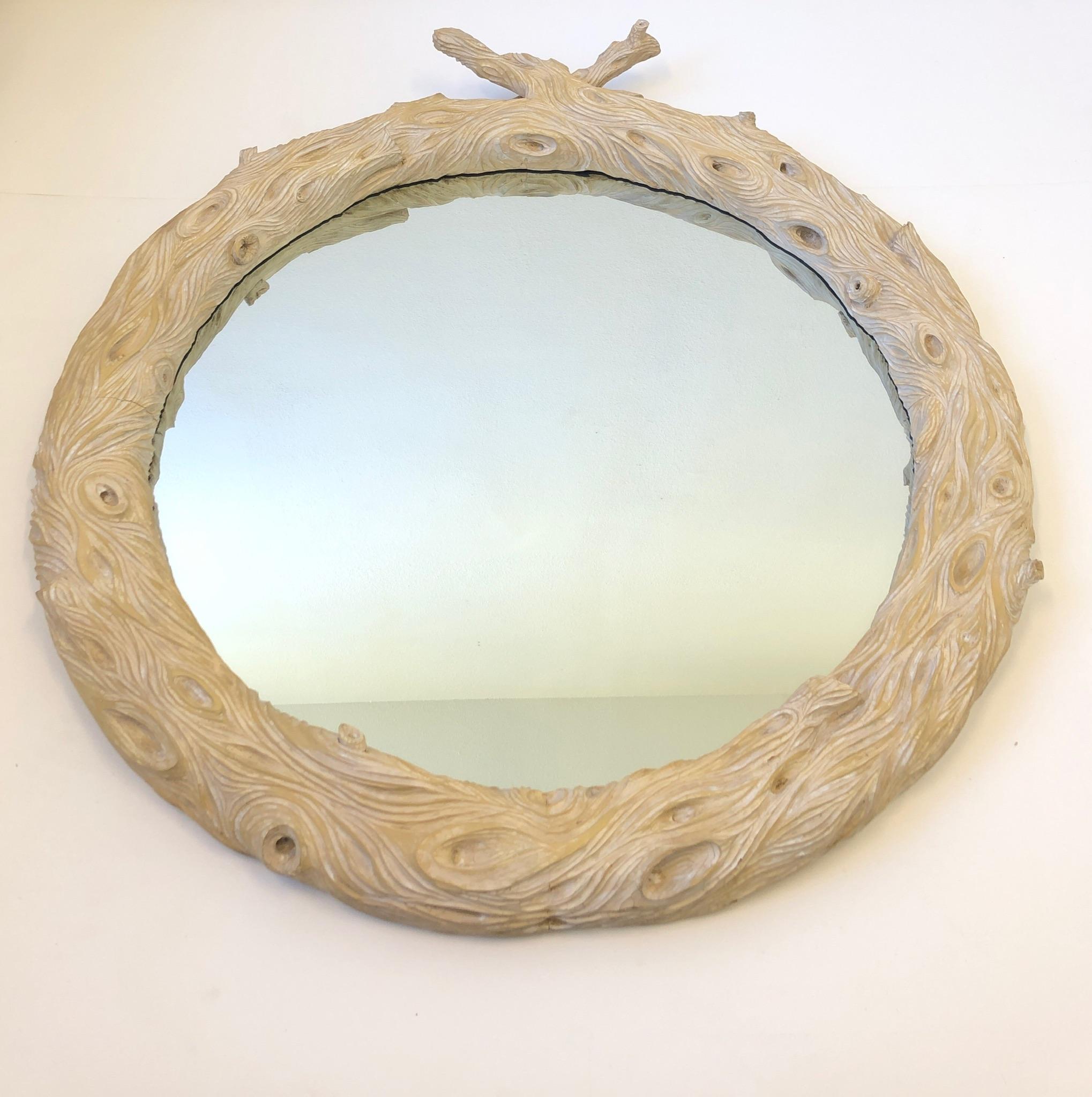 Hollywood Regency Italian Hand Carved Faux Bois Round Mirror in the Manner of Bartolozzi & Maioli For Sale