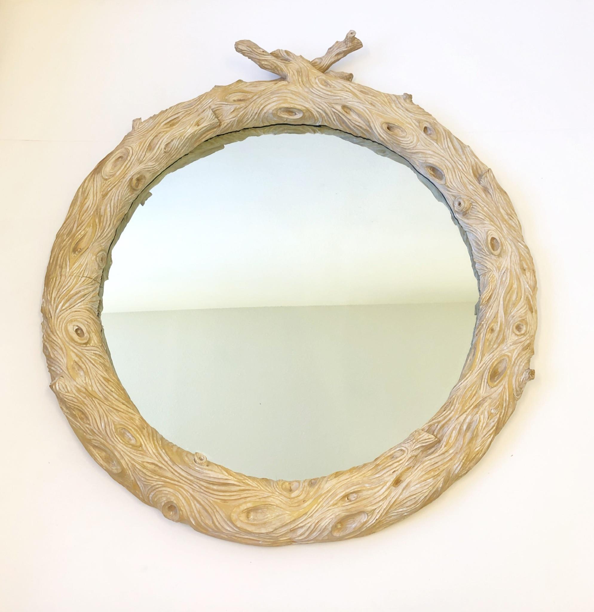 Wood Italian Hand Carved Faux Bois Round Mirror in the Manner of Bartolozzi & Maioli For Sale