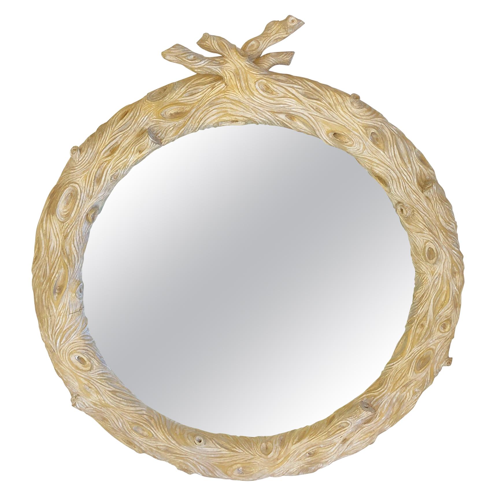 Italian Hand Carved Faux Bois Round Mirror in the Manner of Bartolozzi & Maioli