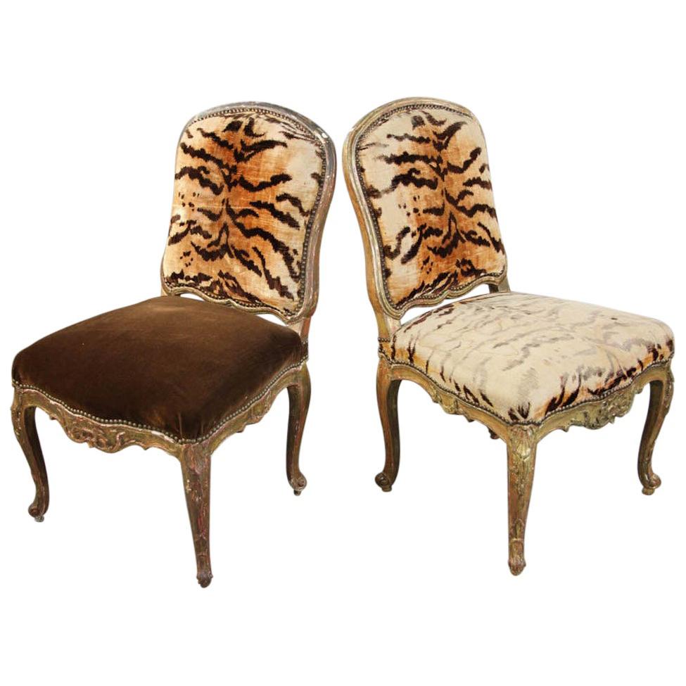Italian Hand Carved Florentine Gilt Chairs with Original Animal Print Fabric