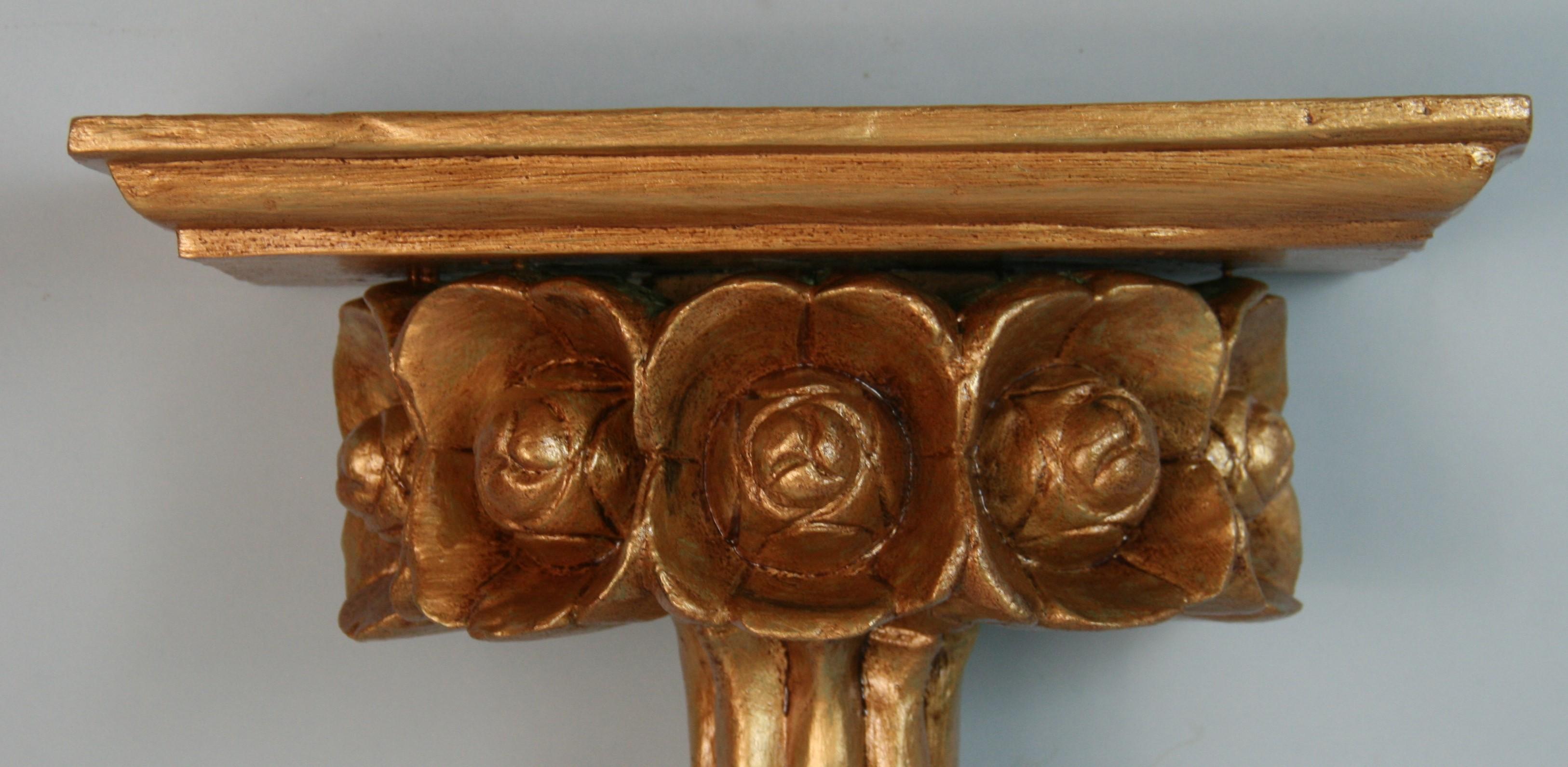 Italian  Hand Carved Flower  Gilt Wood Wall Shelves a Pair  In Good Condition For Sale In Douglas Manor, NY