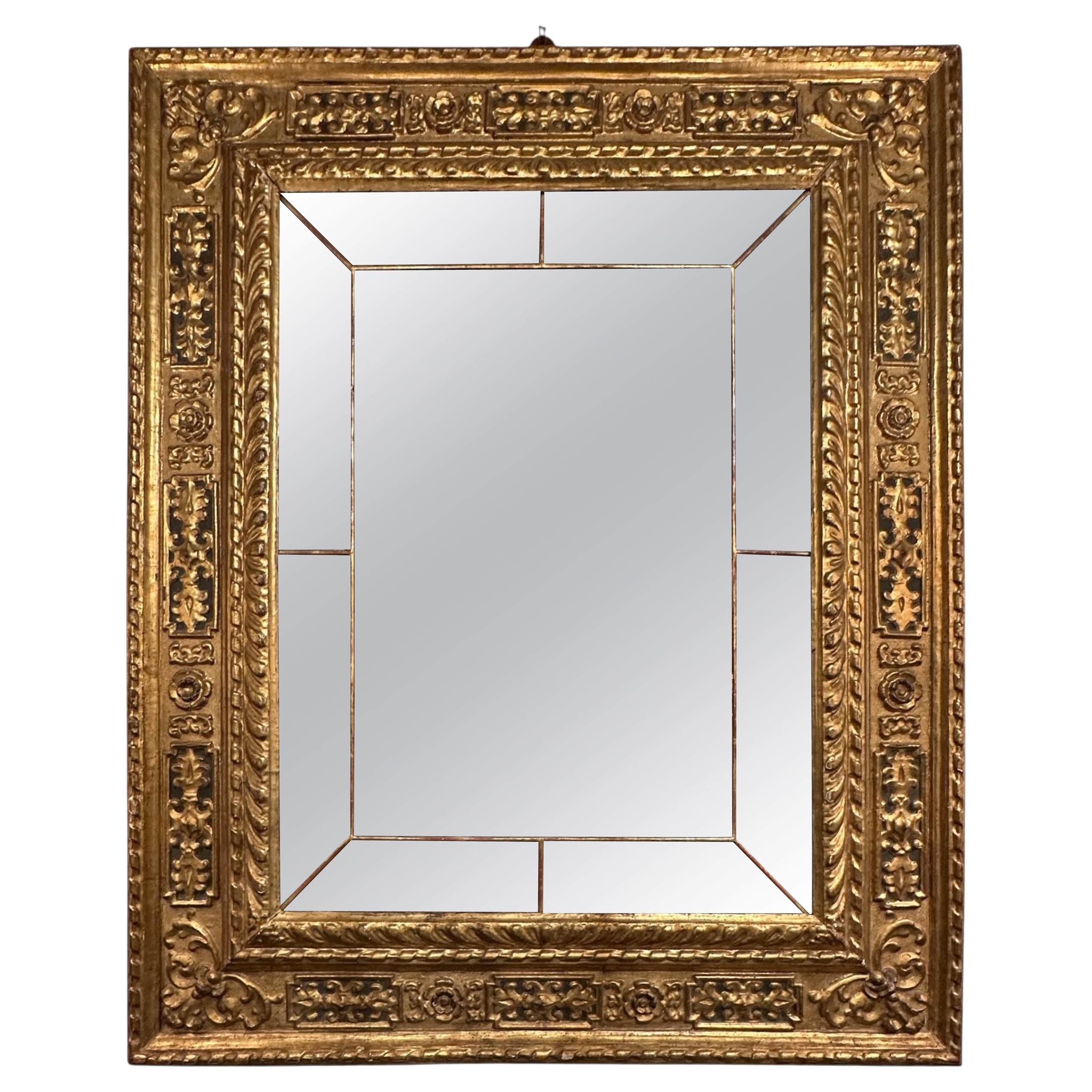 Italian Hand-Carved, Gilded with Painted Framed Sectioned Mirror — 18th Century