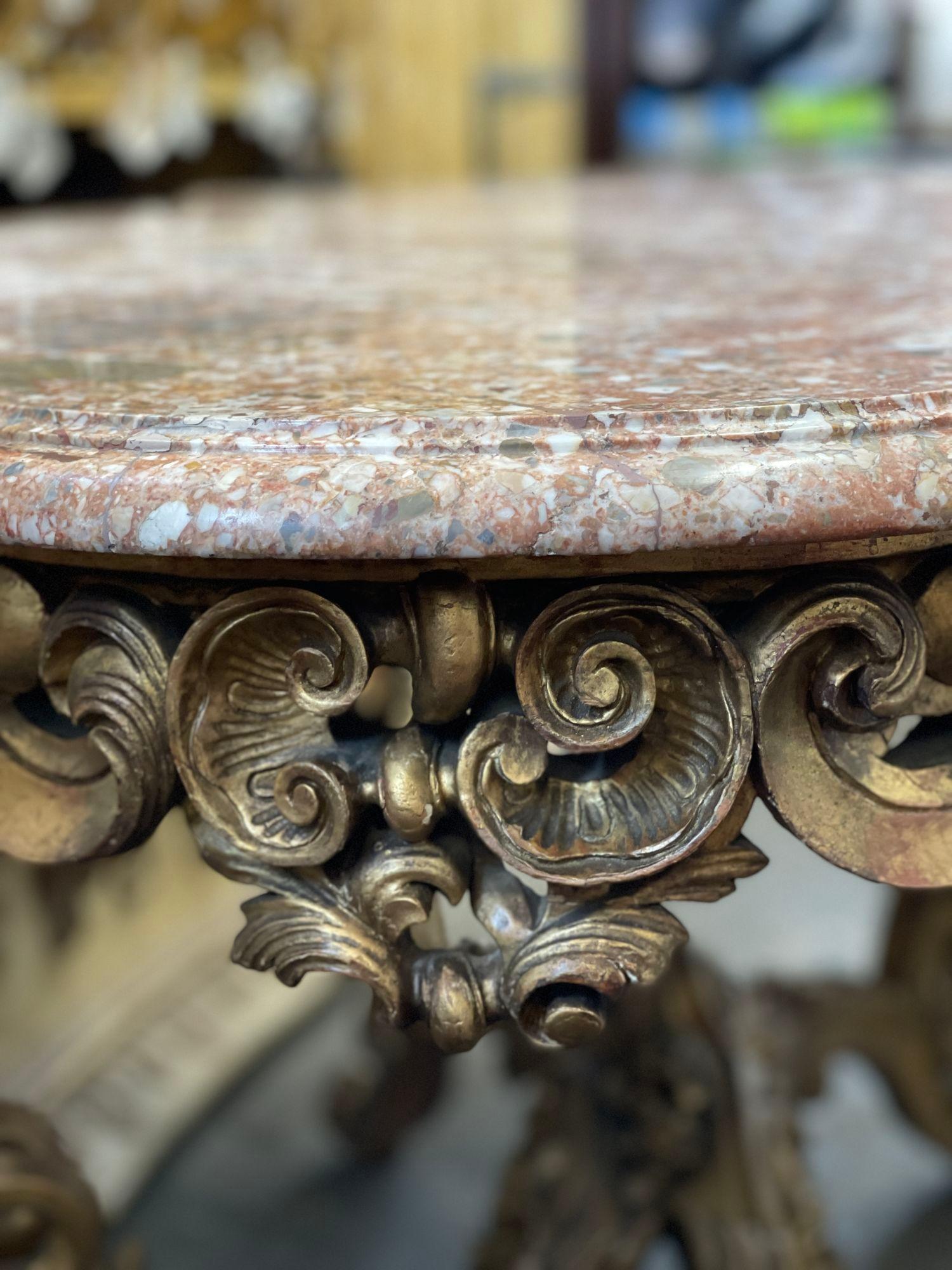19th Century Italian Hand Carved Giltwood Center Table with Marble Top For Sale