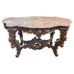 Table centrale italienne en bois doré sculpté à la main avec plateau en marbre