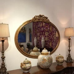 Italian Hand-Carved Giltwood Oval Mirror with Plume Crest Vintage Glass, 1990s