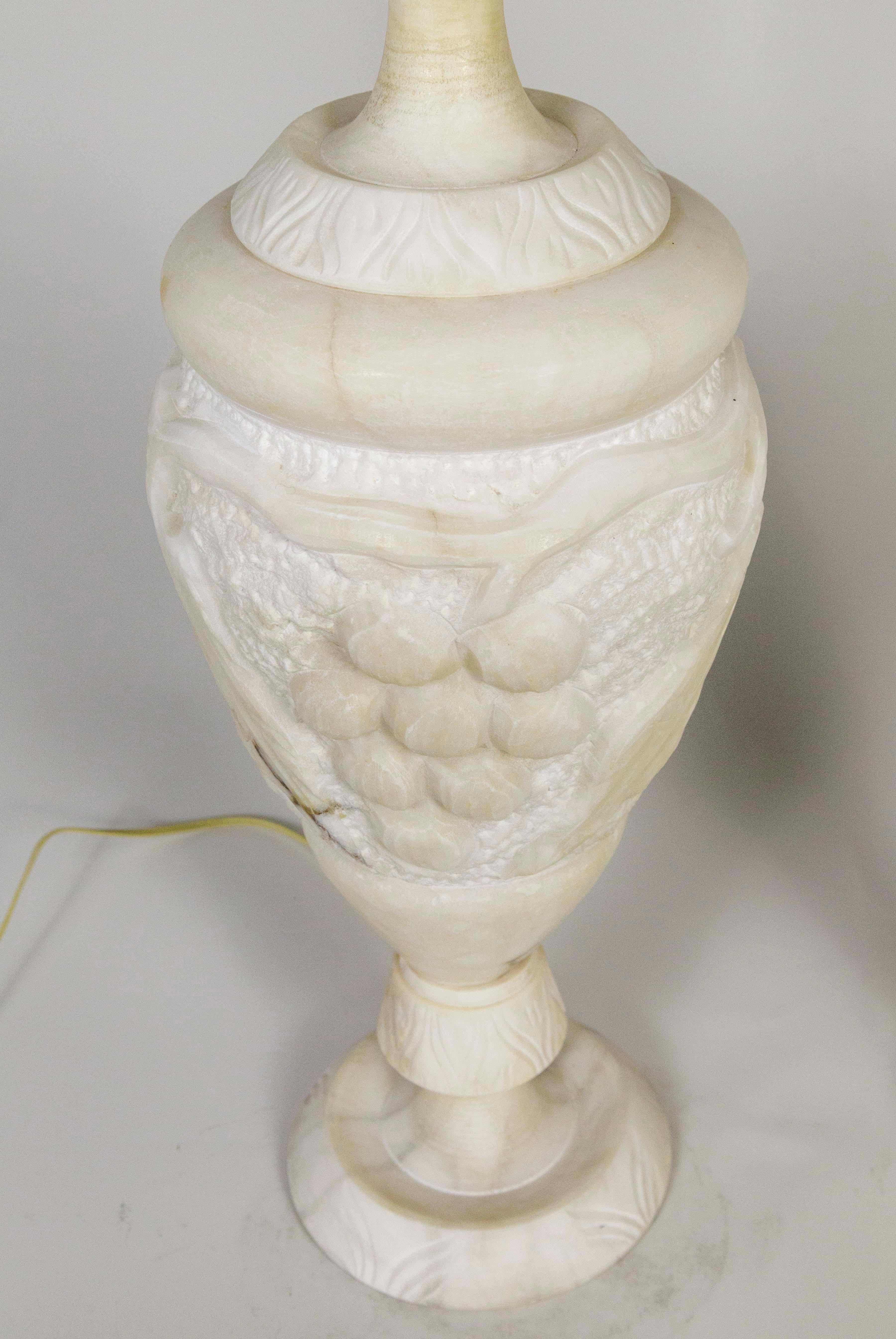 Italian Hand Carved Grapevine Alabaster Urn Lamps with Interior Light, 'Pair' 3