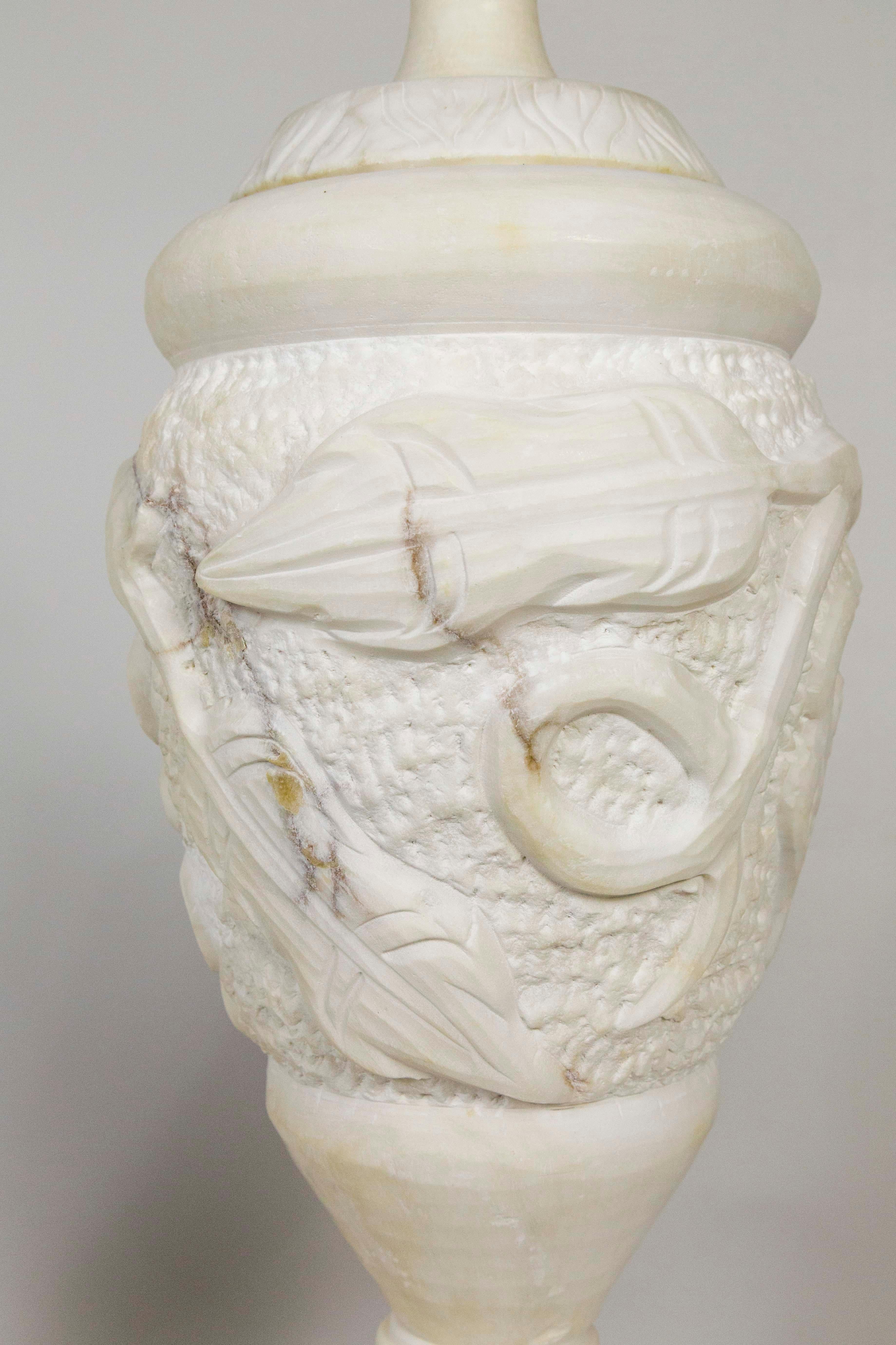 Neoclassical Italian Hand Carved Grapevine Alabaster Urn Lamps with Interior Light, 'Pair'