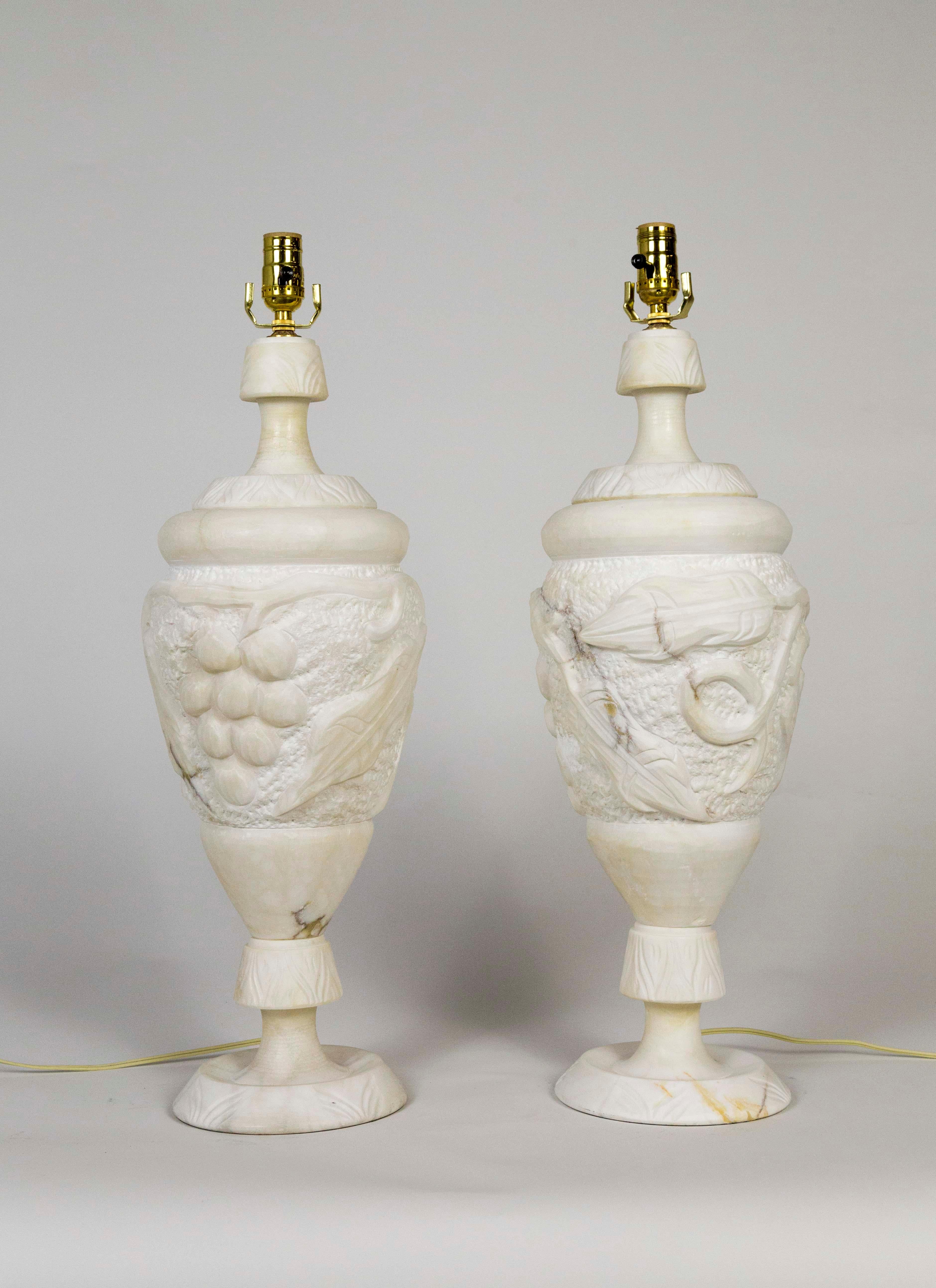 Italian Hand Carved Grapevine Alabaster Urn Lamps with Interior Light, 'Pair' In Good Condition In San Francisco, CA