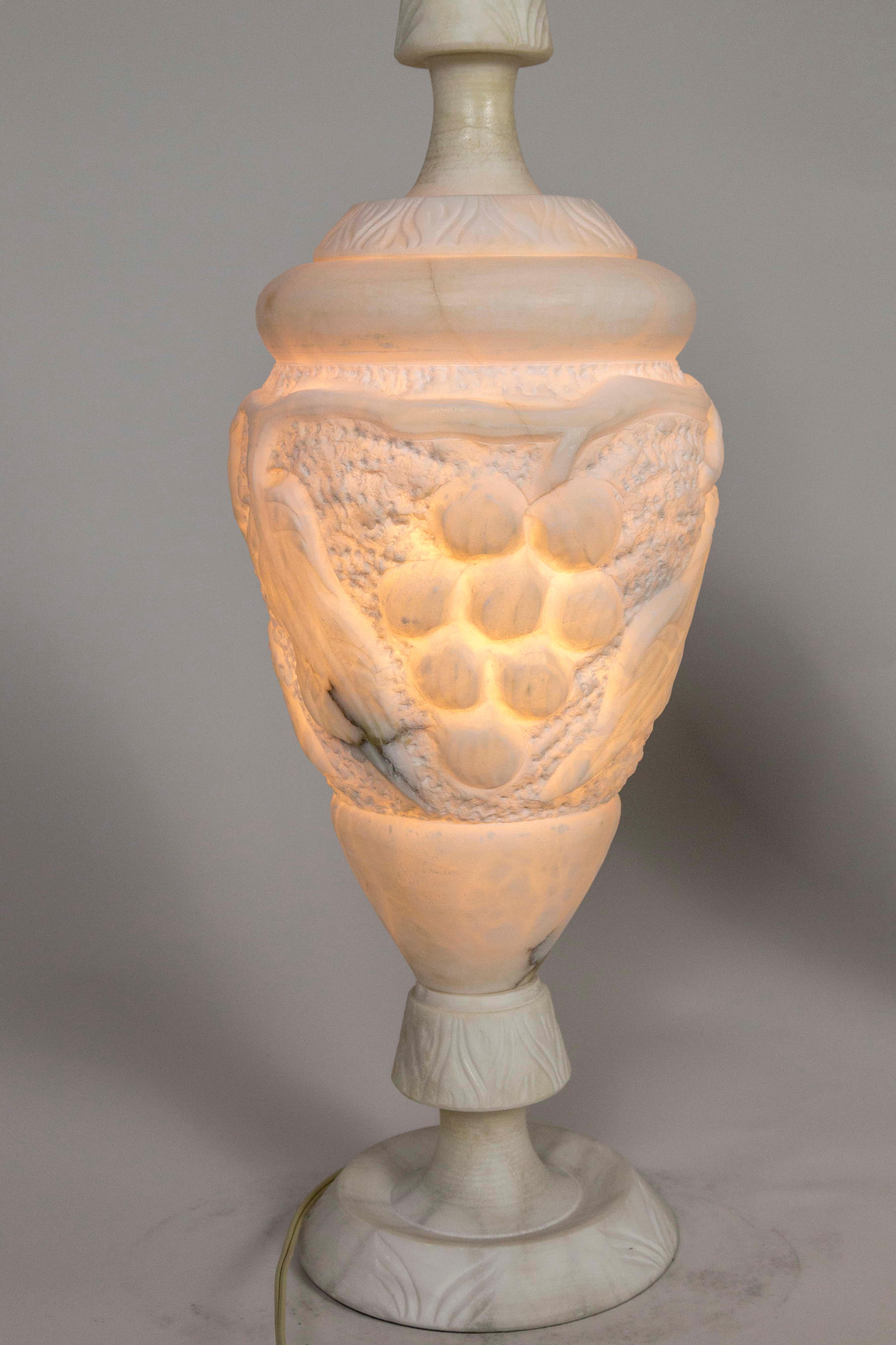 Mid-20th Century Italian Hand Carved Grapevine Alabaster Urn Lamps with Interior Light, 'Pair'
