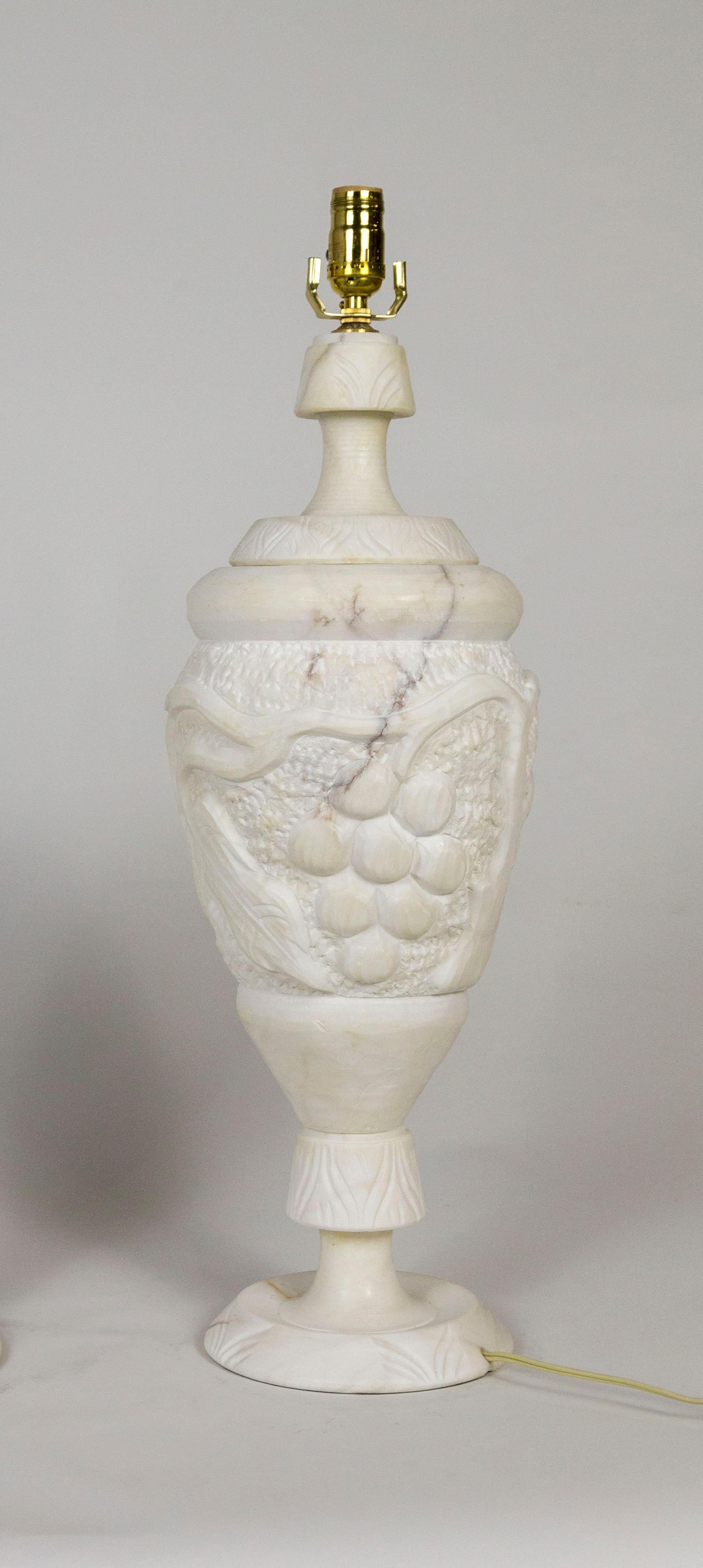 Italian Hand Carved Grapevine Alabaster Urn Lamps with Interior Light, 'Pair' 1