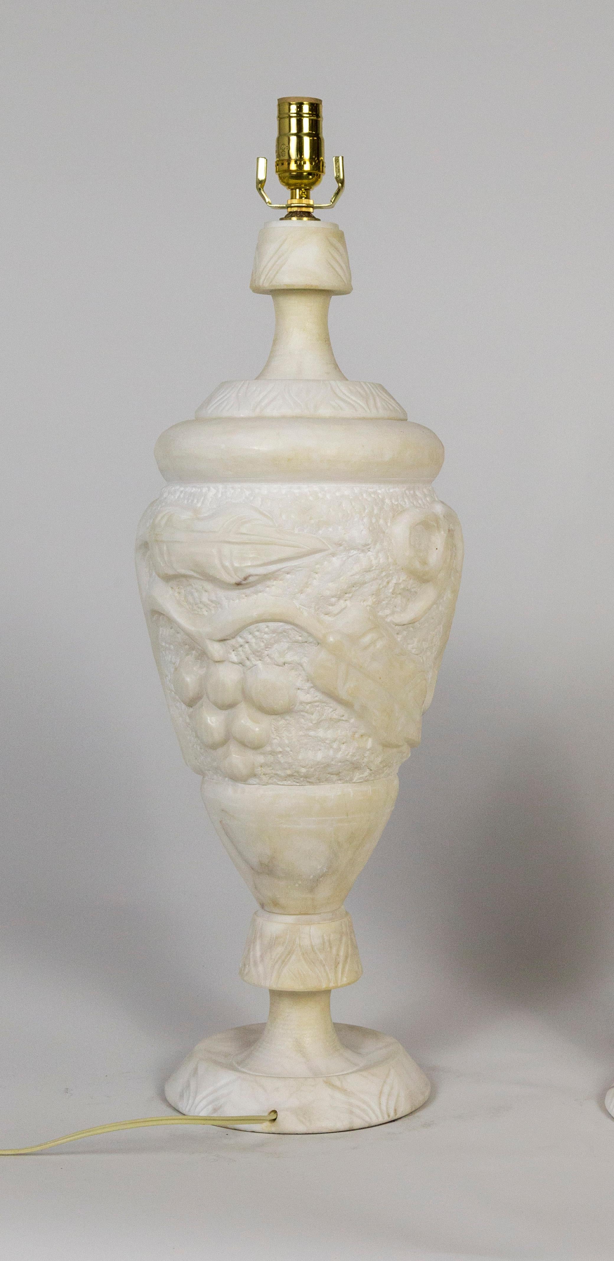 Italian Hand Carved Grapevine Alabaster Urn Lamps with Interior Light, 'Pair' 2