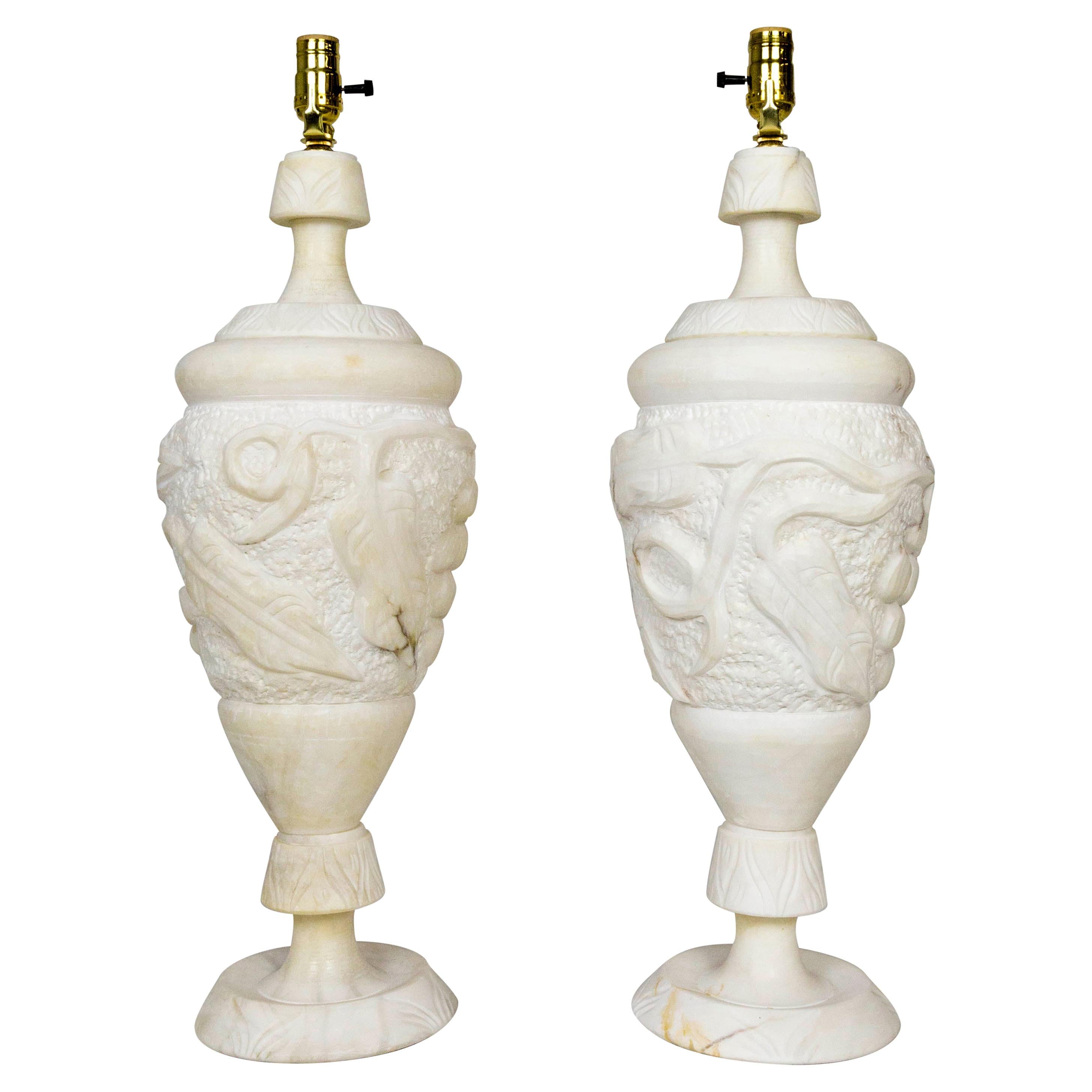 Italian Hand Carved Grapevine Alabaster Urn Lamps with Interior Light, 'Pair'