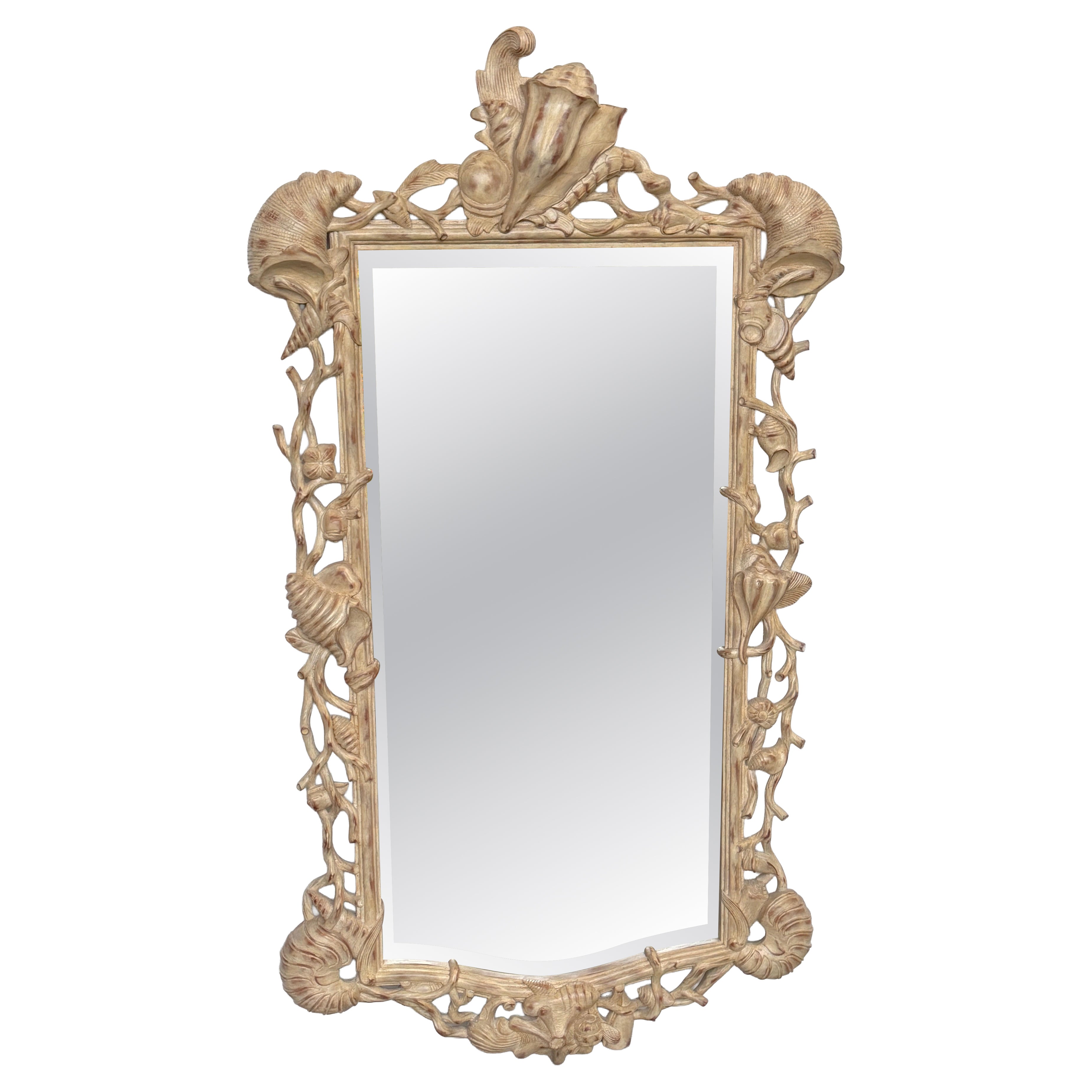Italian Hand-Carved Grotto Shell & Coral Reef Mirror with Beveled Glass
