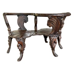 Italian Hand Carved Grotto Tête-à-Tête Bench in Walnut