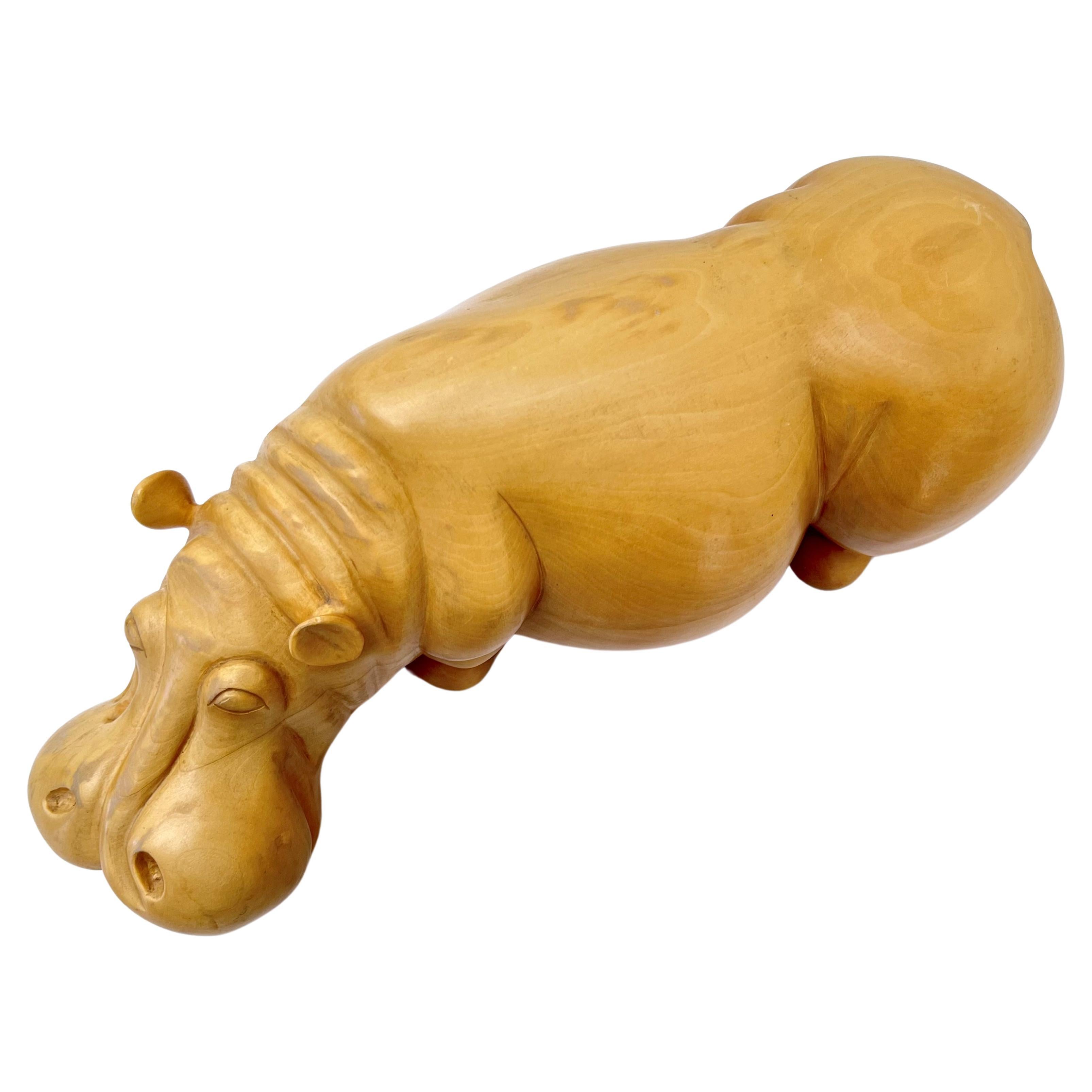 Wood Italian Hand Carved Hippo Sculpture 