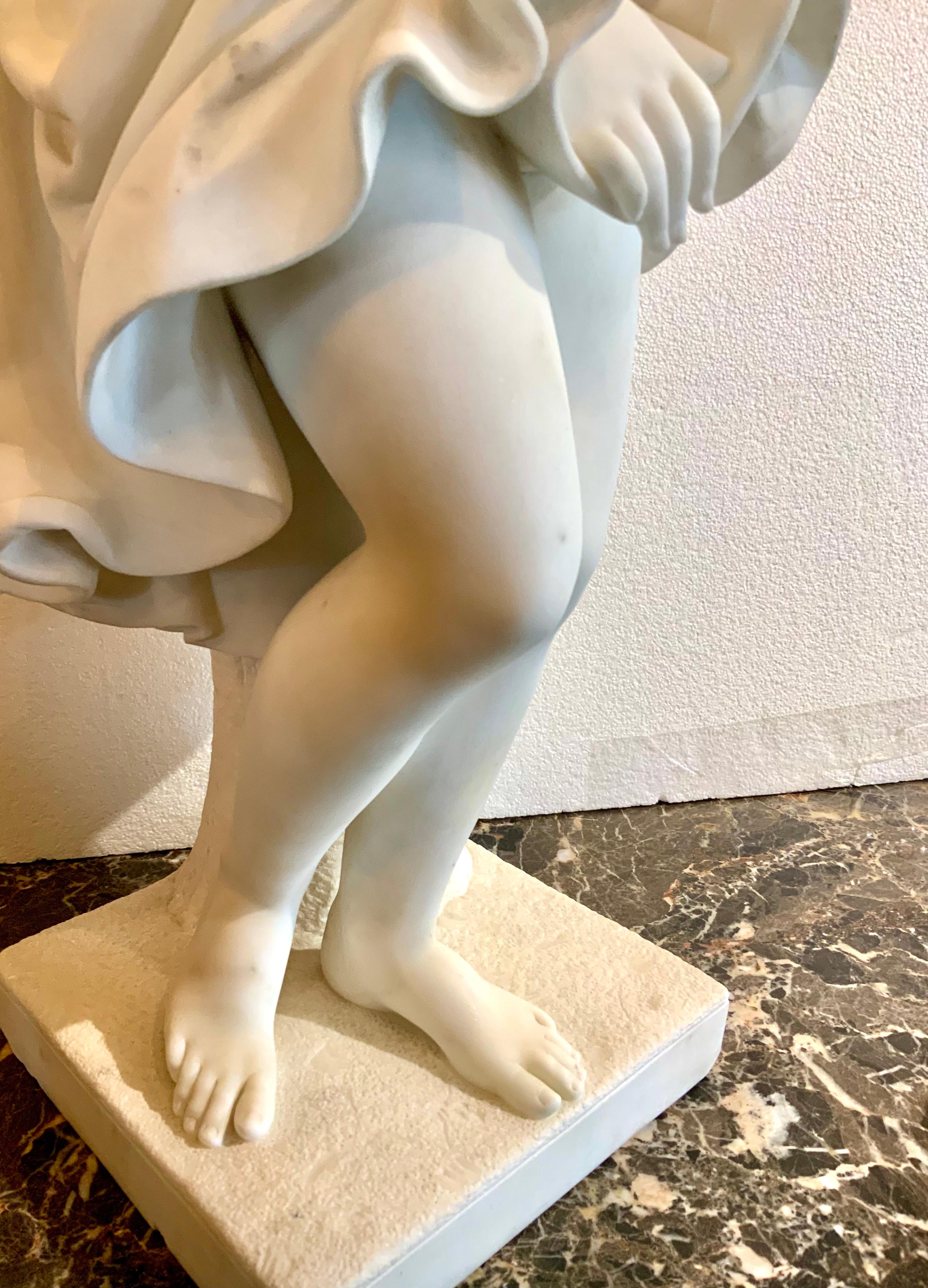 Carrara Marble Italian Hand Carved Marble Sculpture of a Maiden Holding a Basket of Fruit For Sale