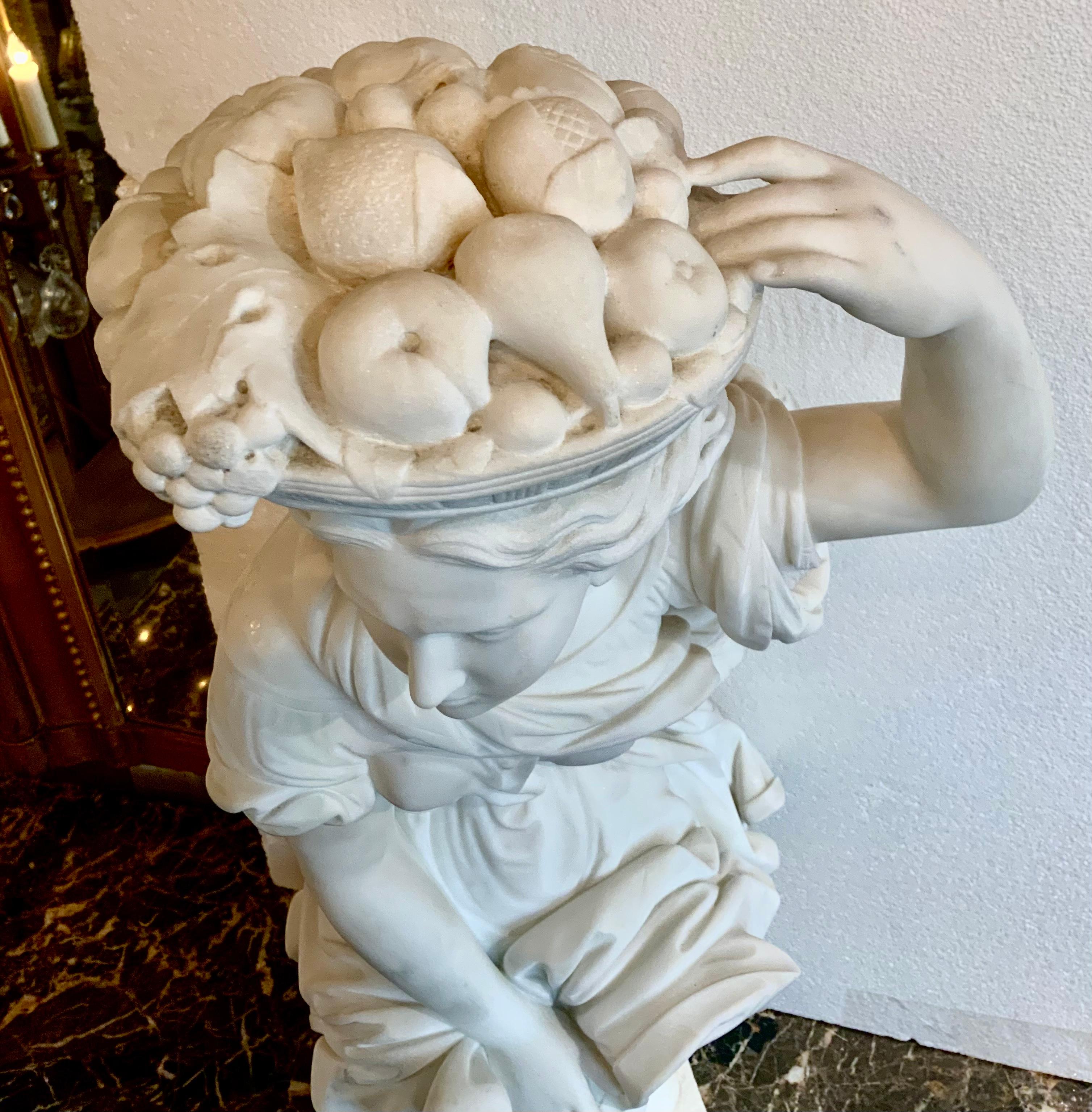 Italian Hand Carved Marble Sculpture of a Maiden Holding a Basket of Fruit  For Sale 2