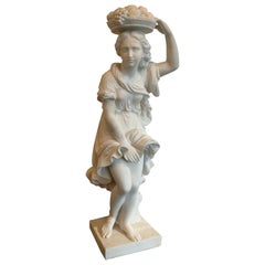 Italian Hand Carved Marble Sculpture of a Maiden Holding a Basket of Fruit
