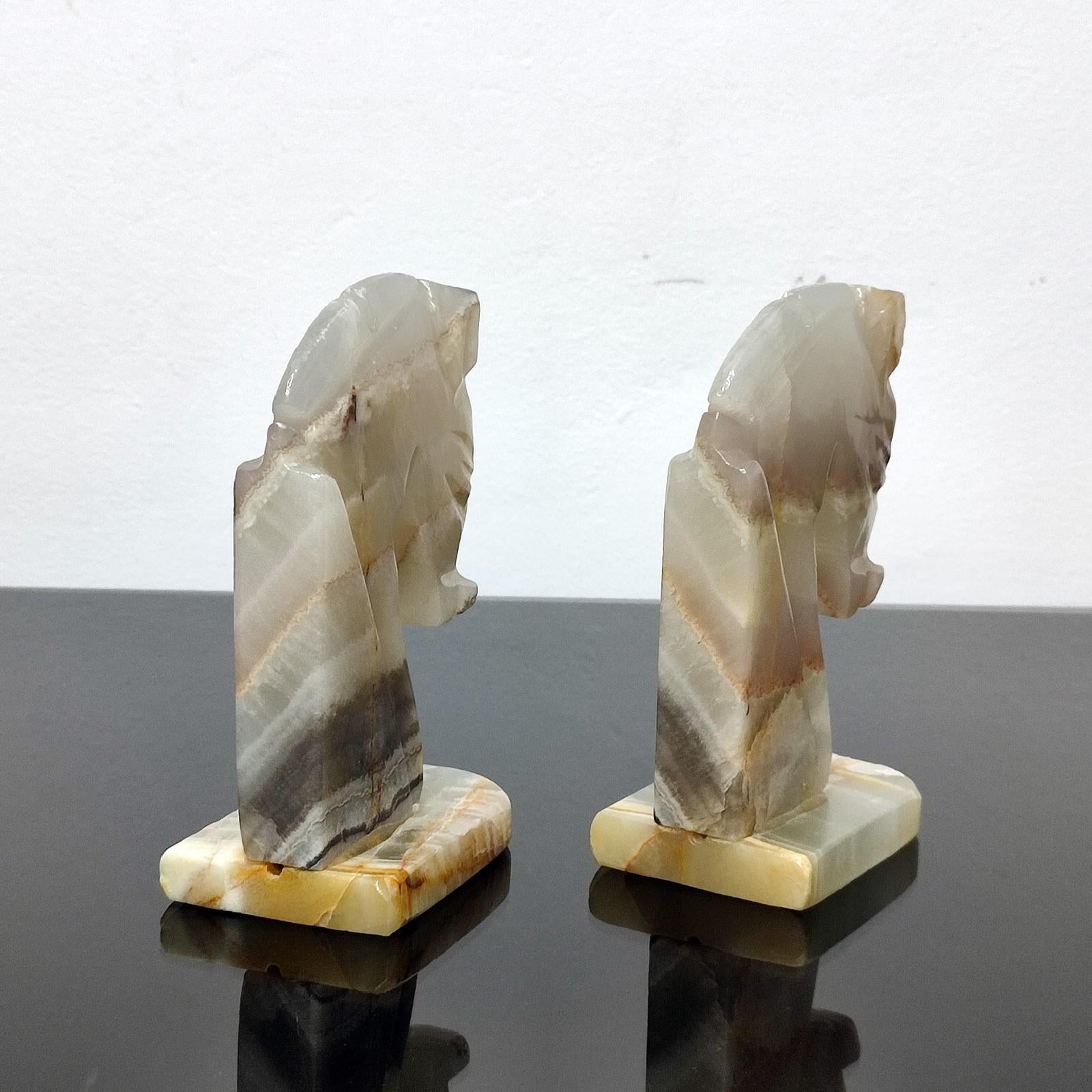 Italian Hand Carved Onyx Deco Style Horse Head Bookends For Sale 1