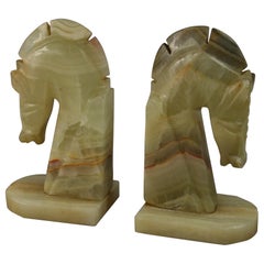 Italian Hand Carved Onyx Deco Style Horse Head Bookends