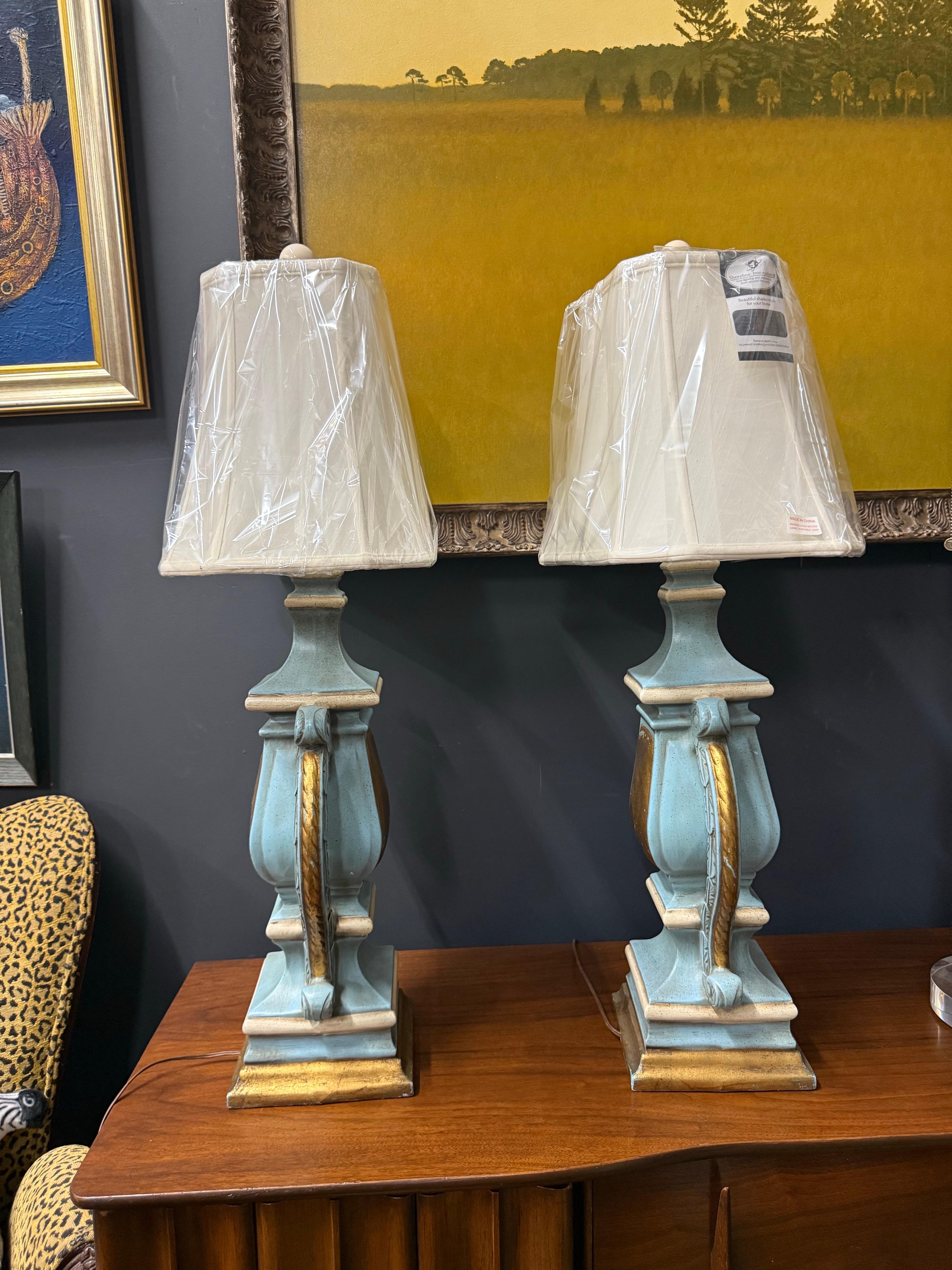 Italian Hand Carved, Painted and Gilt Wood Lamps in Turquoise and Gold, a Pair For Sale 4