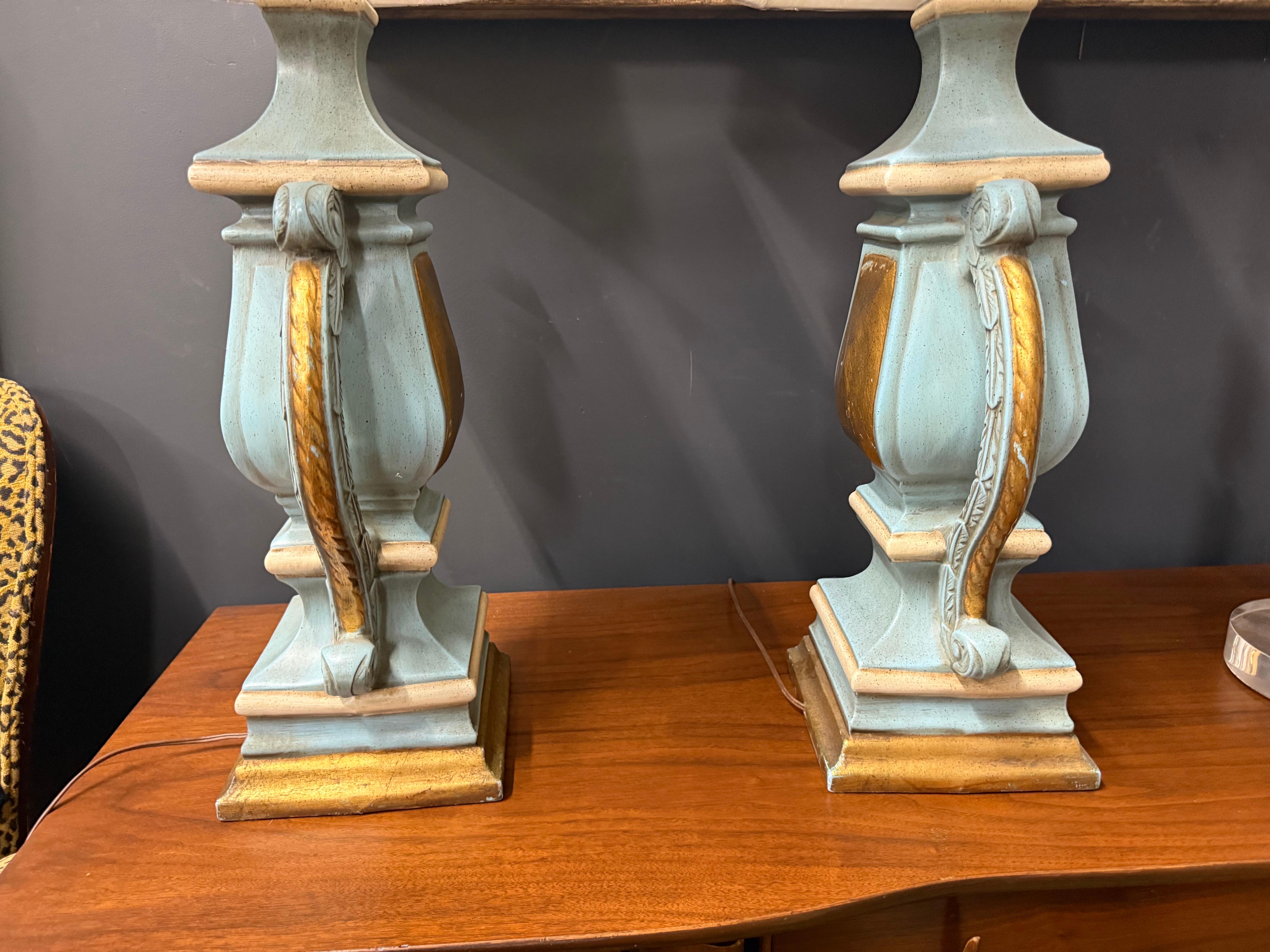 Italian Hand Carved, Painted and Gilt Wood Lamps in Turquoise and Gold, a Pair For Sale 5