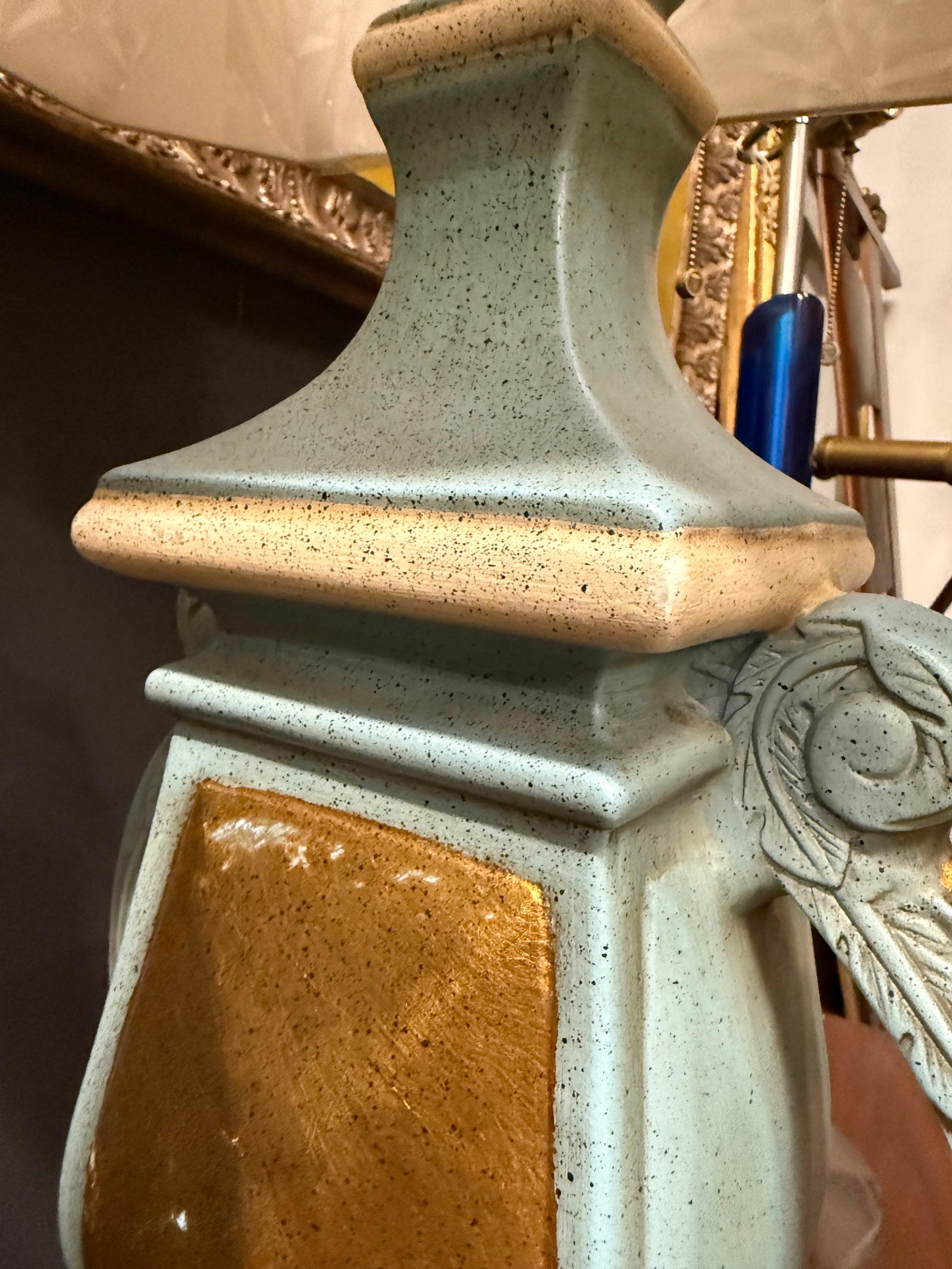 Italian Hand Carved, Painted and Gilt Wood Lamps in Turquoise and Gold, a Pair For Sale 7