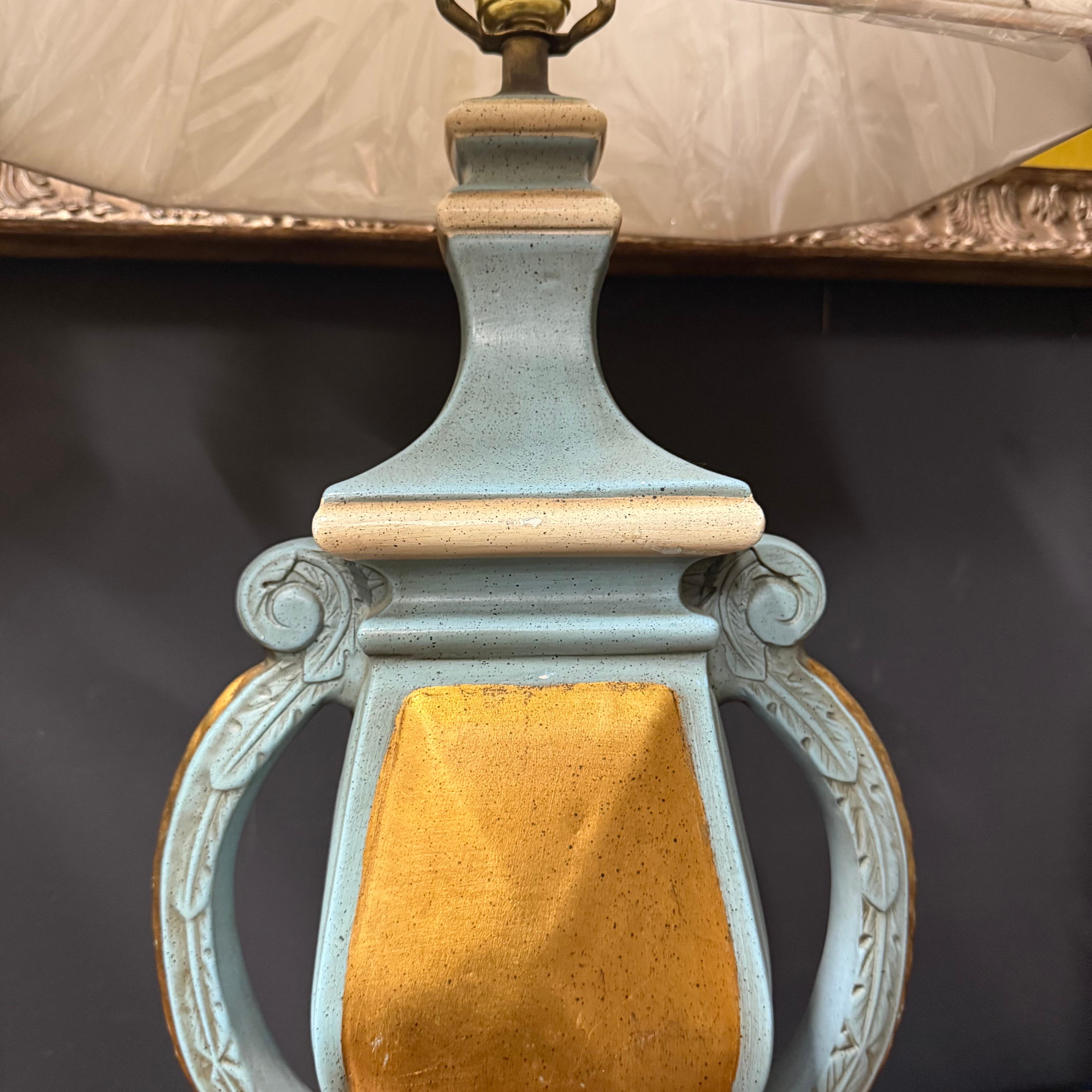Italian Hand Carved, Painted and Gilt Wood Lamps in Turquoise and Gold, a Pair For Sale 13