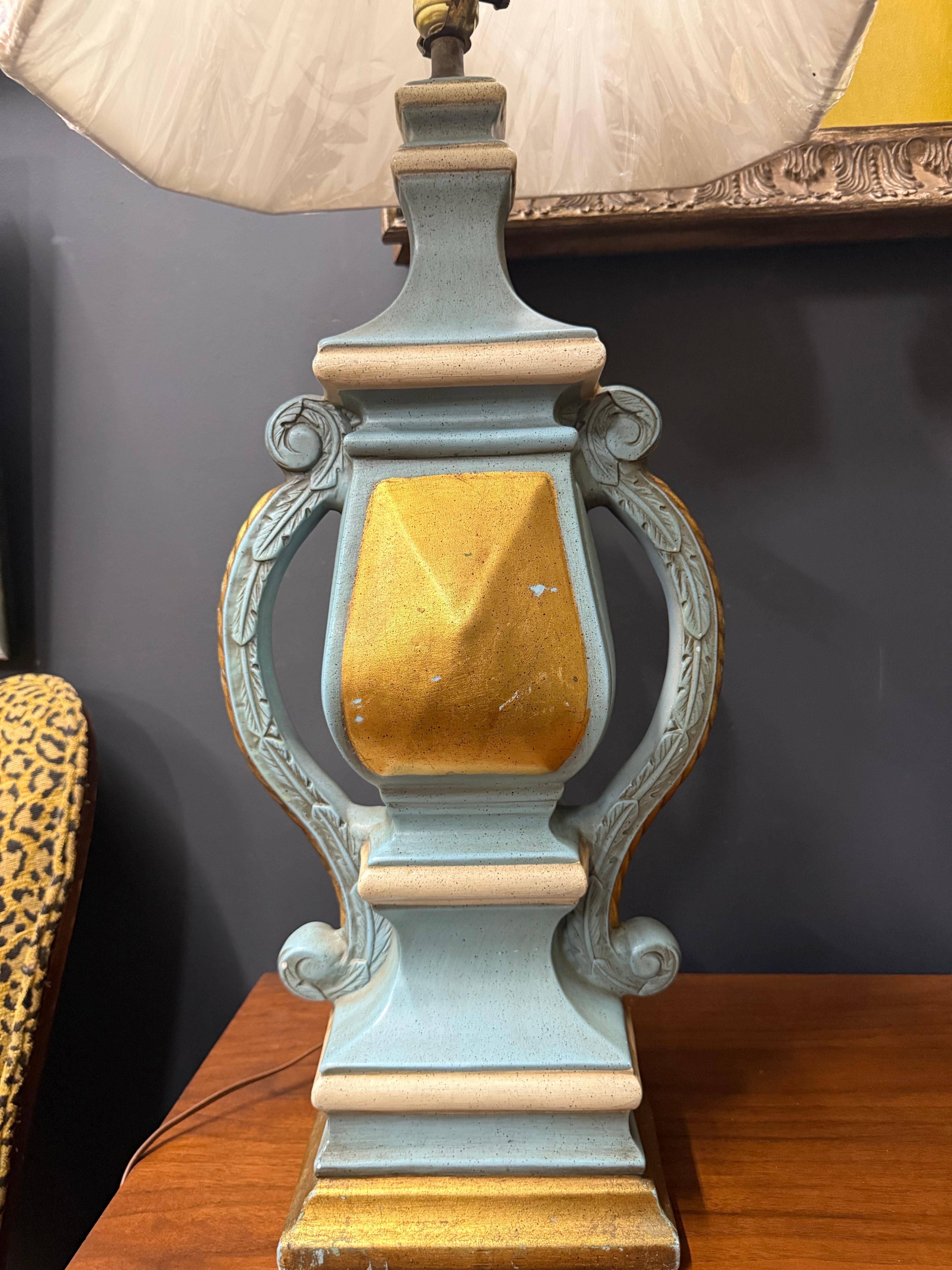 These fantastic lamps have anthacus leaves adorning both sides of each handle.  There are diamond fronts on each side.  Beautiful colors of turquoise/ tiffany blue/gold/and cream.  New shades.   Original wiring in excellent shape.  

Lamp shades