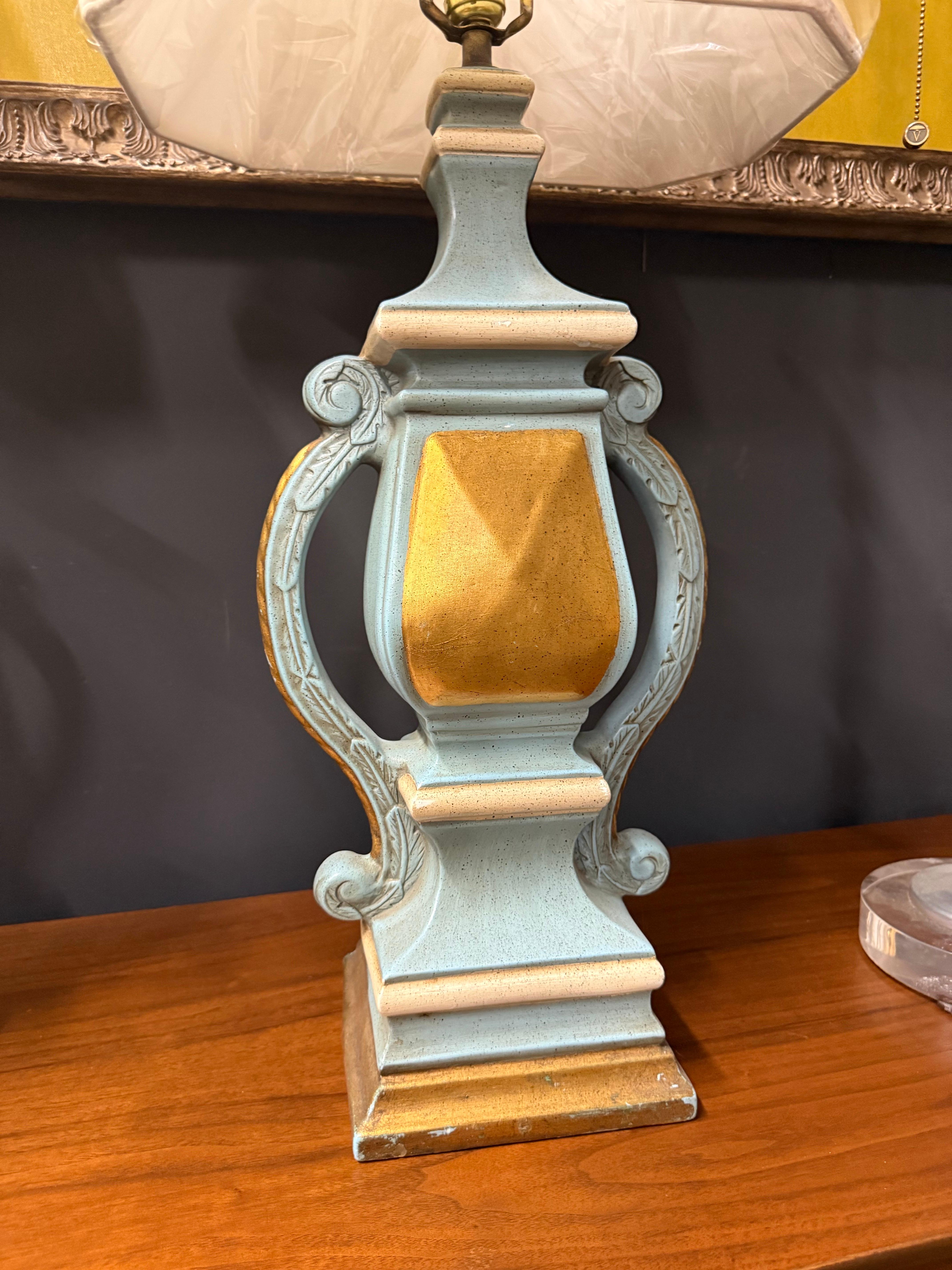 Baroque Revival Italian Hand Carved, Painted and Gilt Wood Lamps in Turquoise and Gold, a Pair For Sale