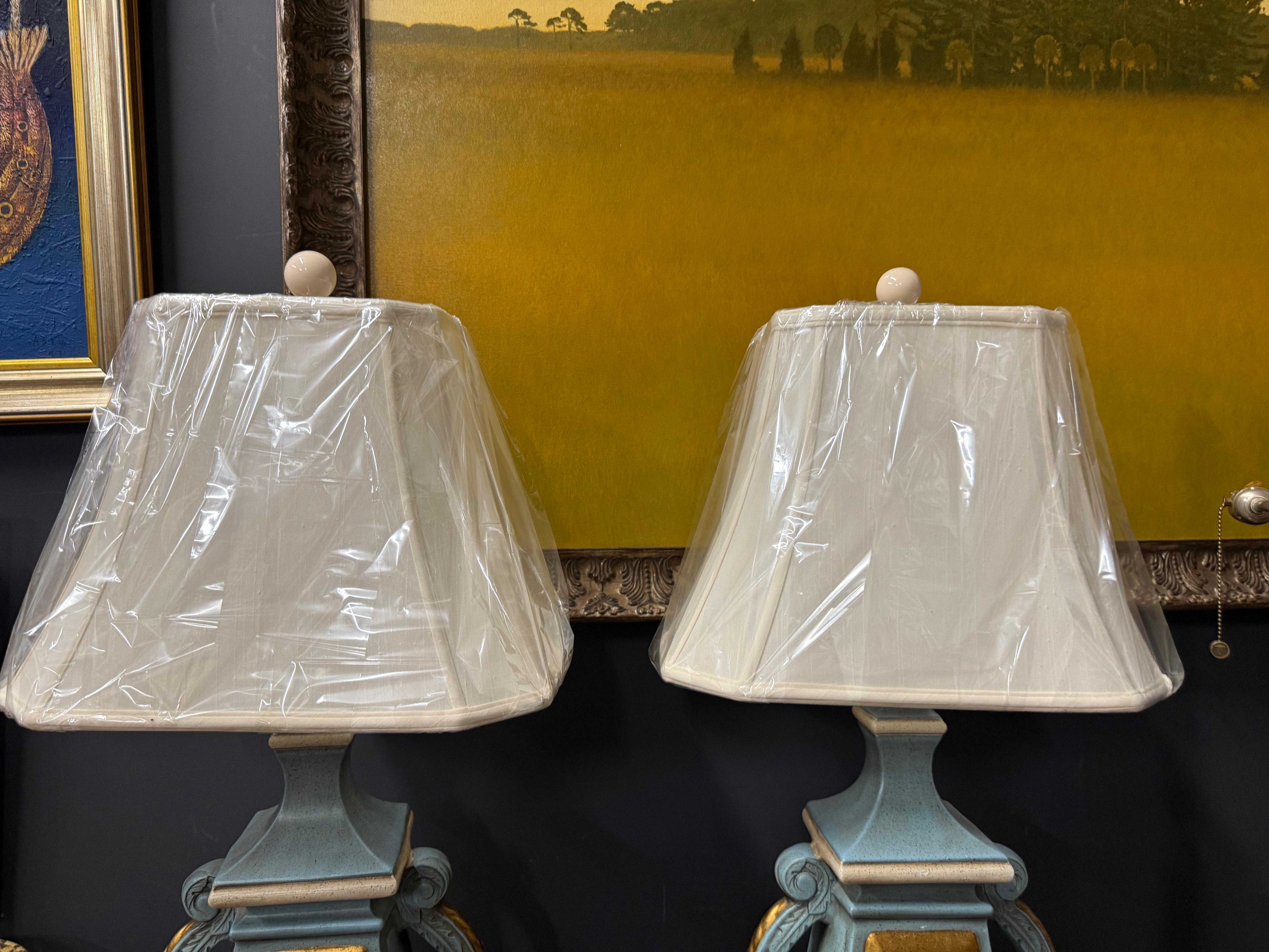 Italian Hand Carved, Painted and Gilt Wood Lamps in Turquoise and Gold, a Pair In Good Condition For Sale In Charleston, SC