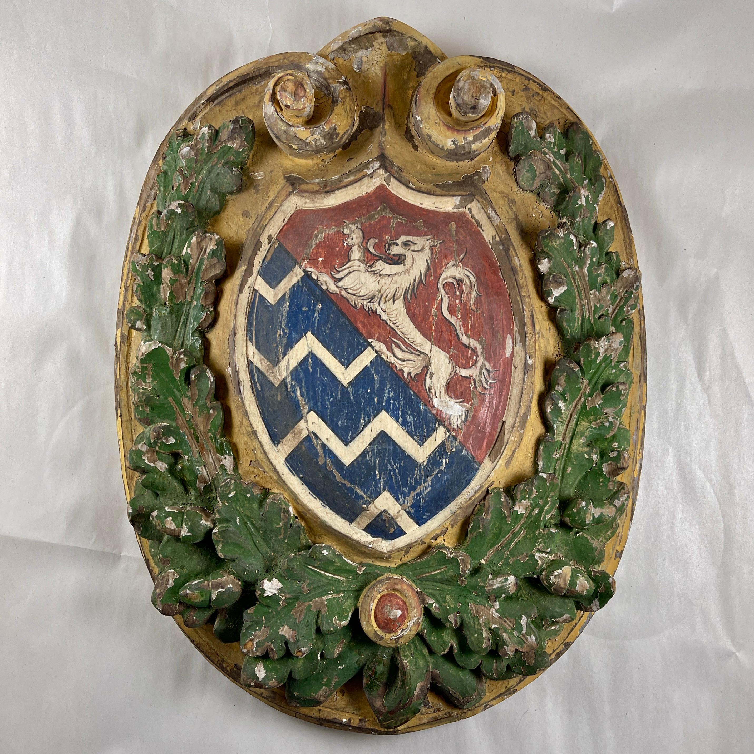 Italian Hand Carved Painted Wooden Coat of Arms Heraldic Crest Wall Plaque 7