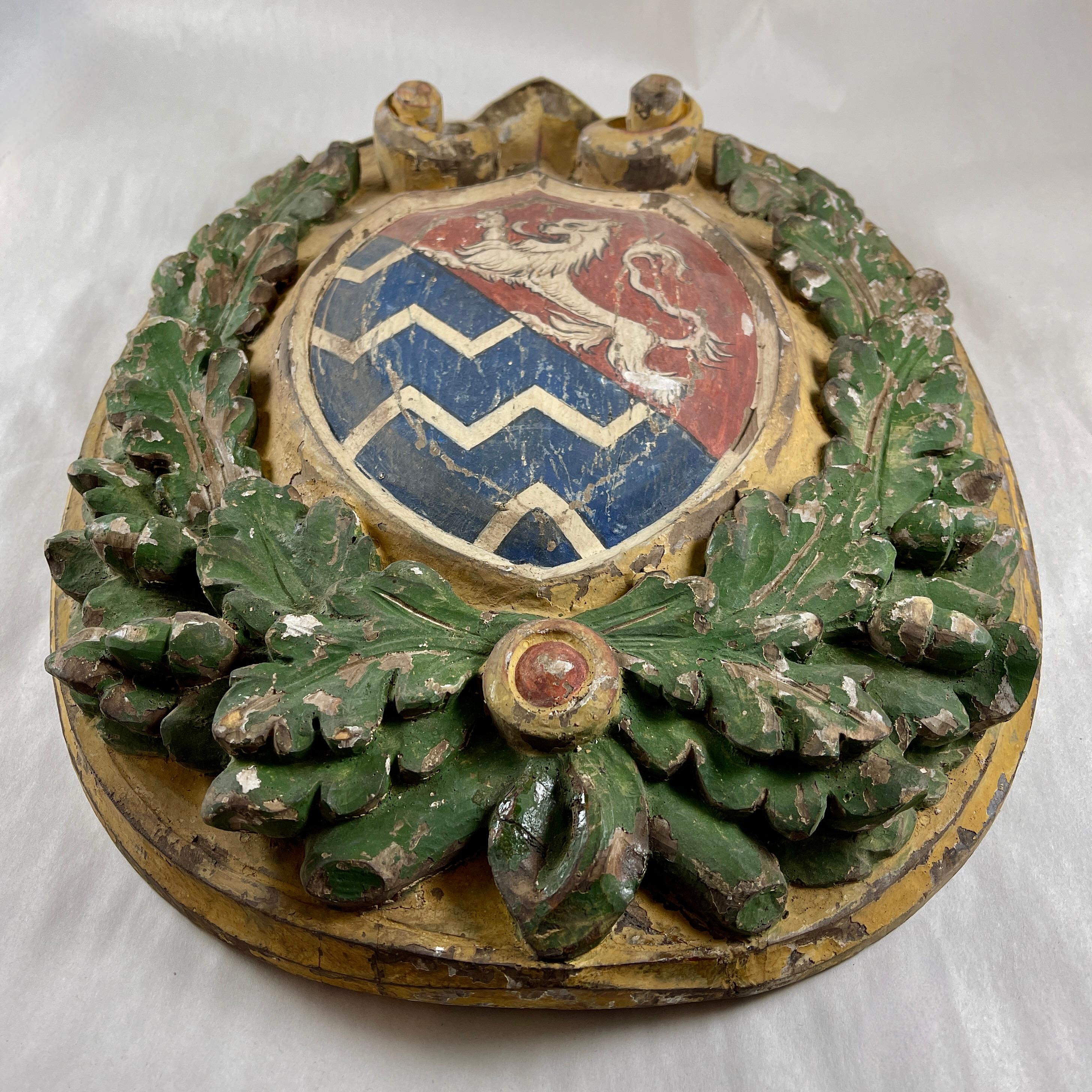 Renaissance Revival Italian Hand Carved Painted Wooden Coat of Arms Heraldic Crest Wall Plaque