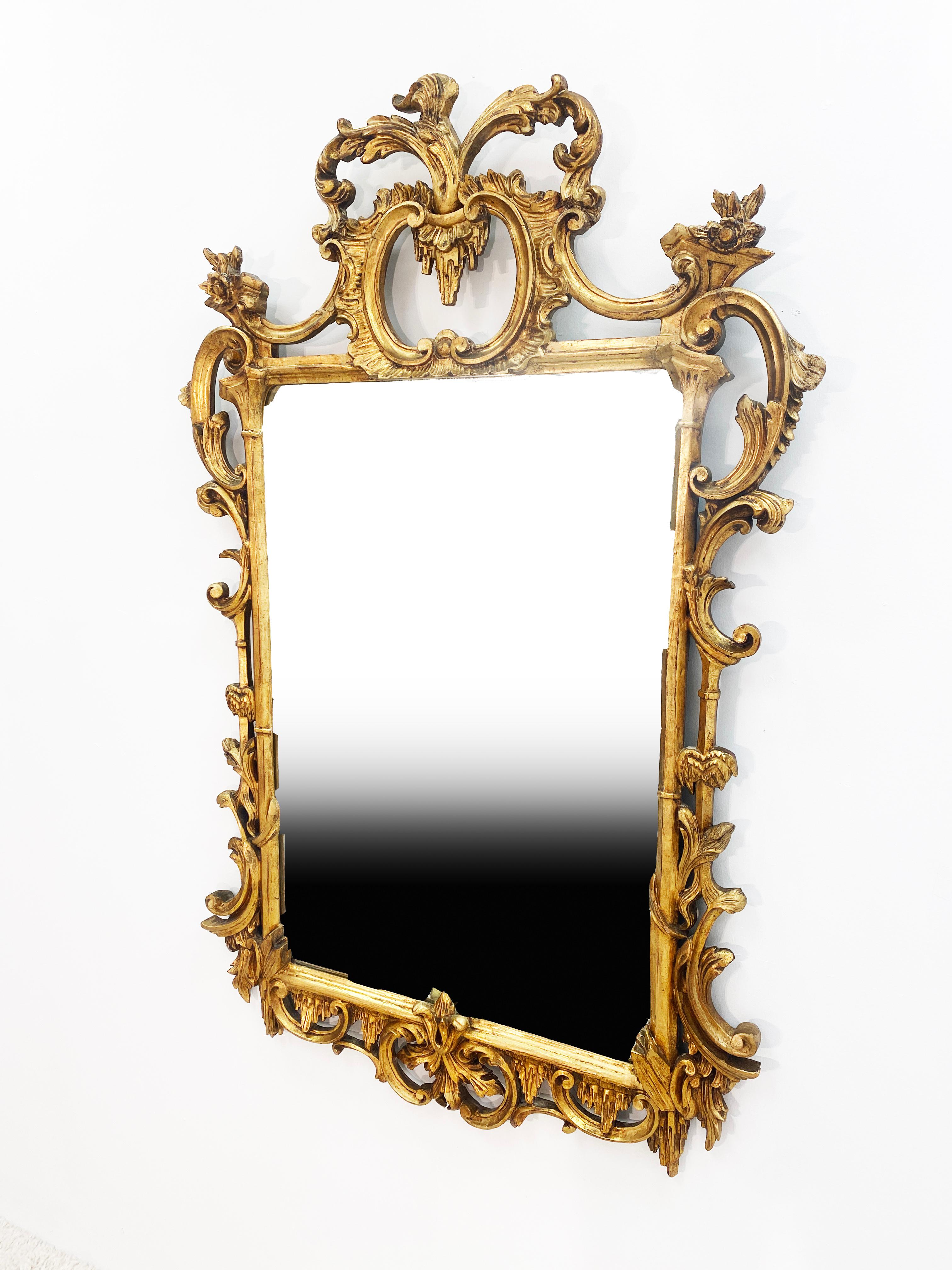 Hand-Carved Italian Hand Carved Rococo Giltwood Looking Glass Mirror