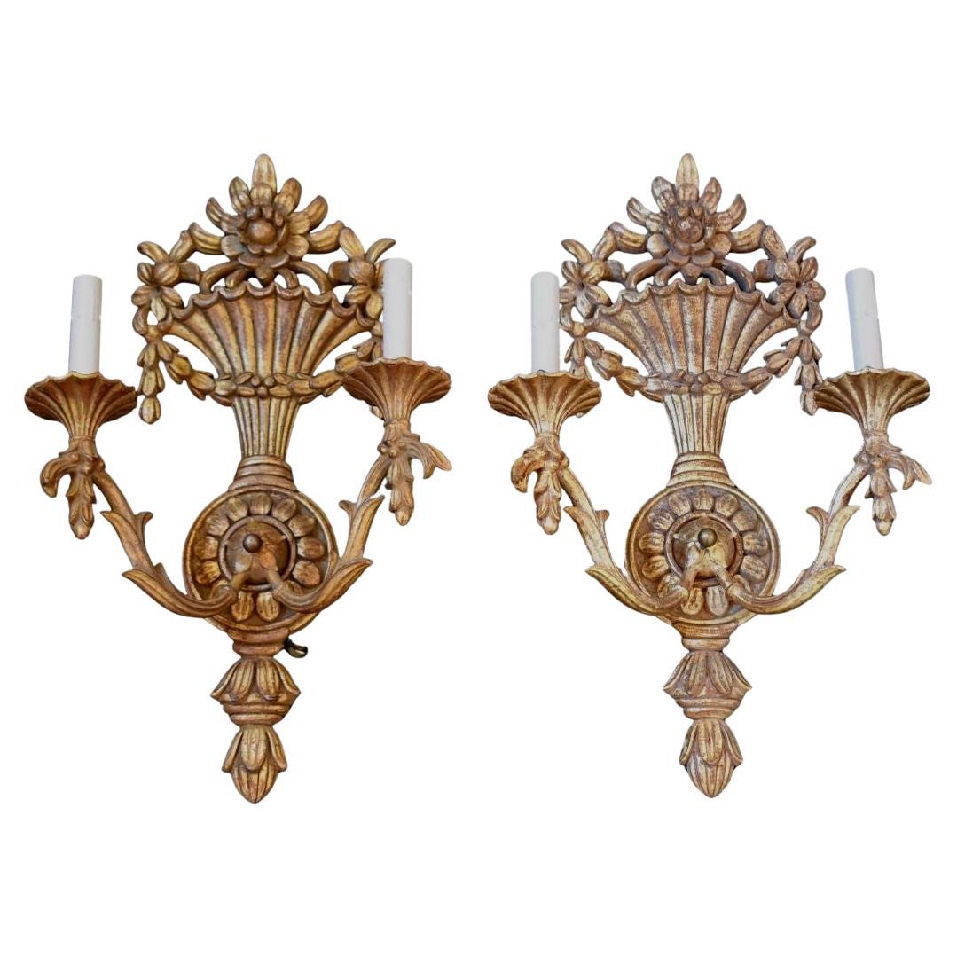 Italian Hand Carved Sconces, Gold Finish For Sale