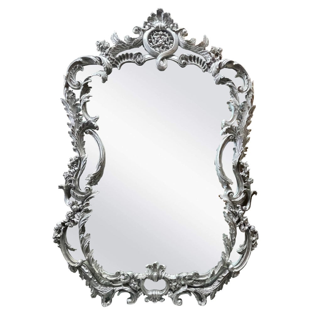 Italian Hand Carved Silver Leaf Finish Mirror, 20th Century