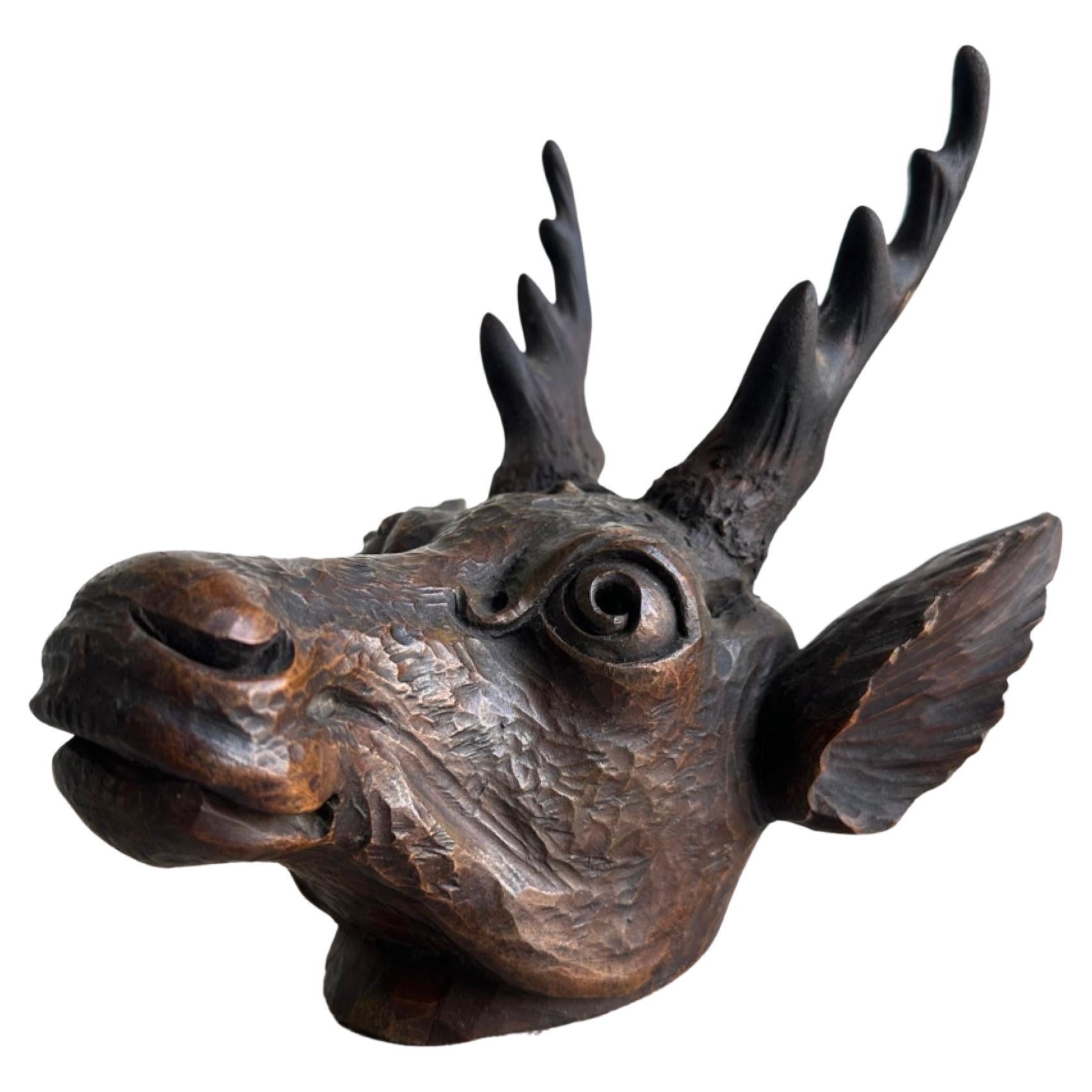 Italian Hand Carved Timber Deer Head Sculpture For Sale