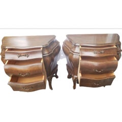 Italian Hand Carved Walnut Bombe Chests Nightstands, a Pair