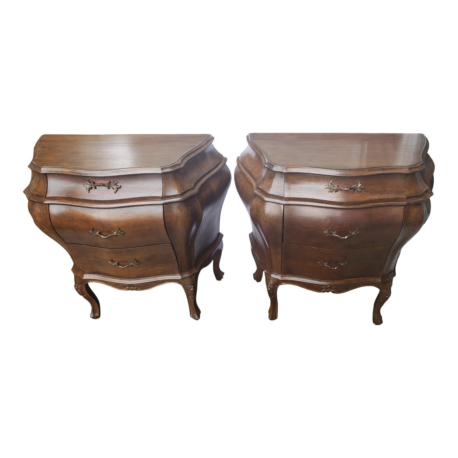 Italian Hand Carved Walnut Bombe Chests Nightstands, a Pair For Sale