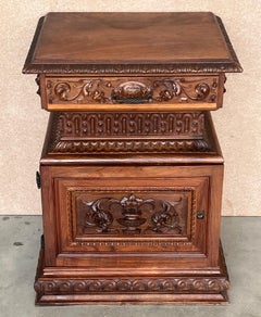 Italian Hand Carved Walnut Monumental Nightstands 19th Century with Drawer